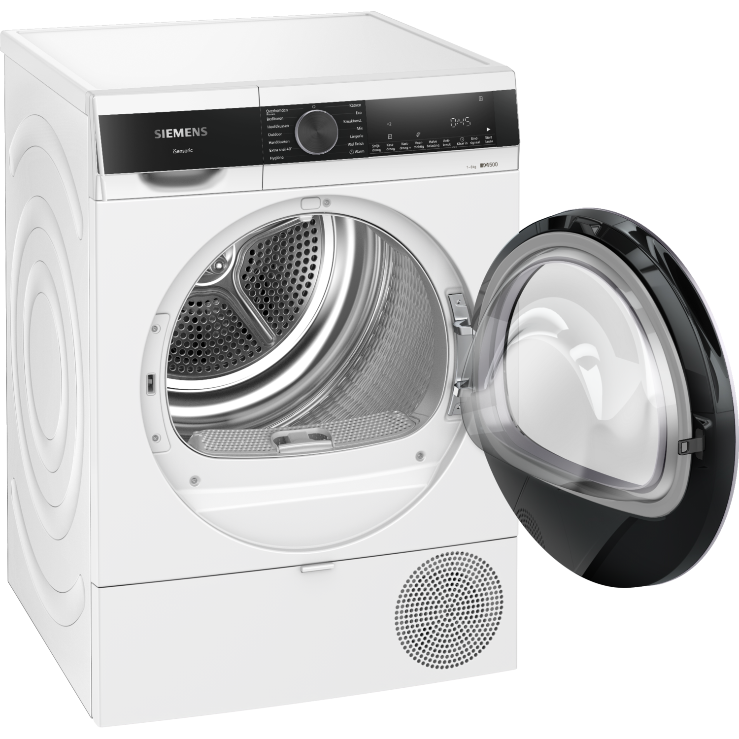 A white Siemens dryer with an open door. The interior is metallic. The control panel is black. It has various settings.