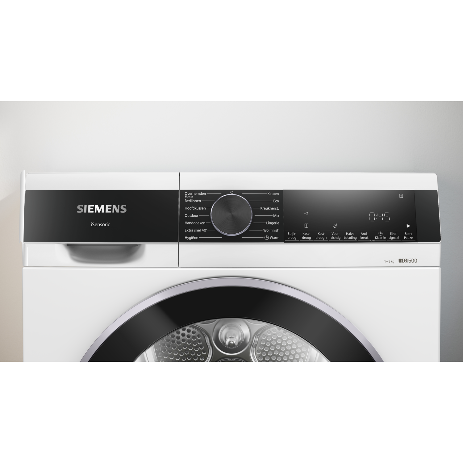 A white Siemens dryer front view. It has a black control panel with various program options. Digital display shows time.
