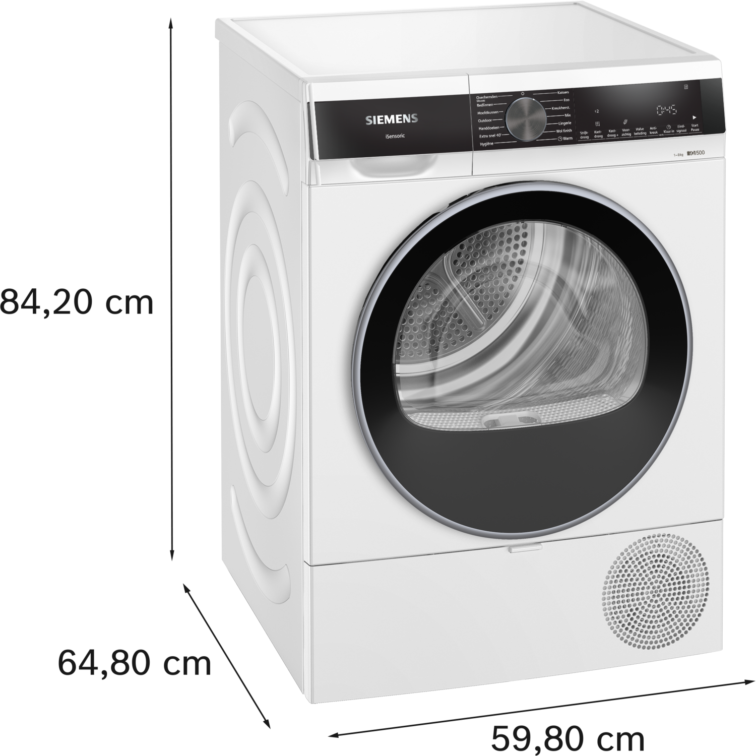 A white Siemens dryer is shown. It has a black door and control panel. The dryer has several buttons and a display.