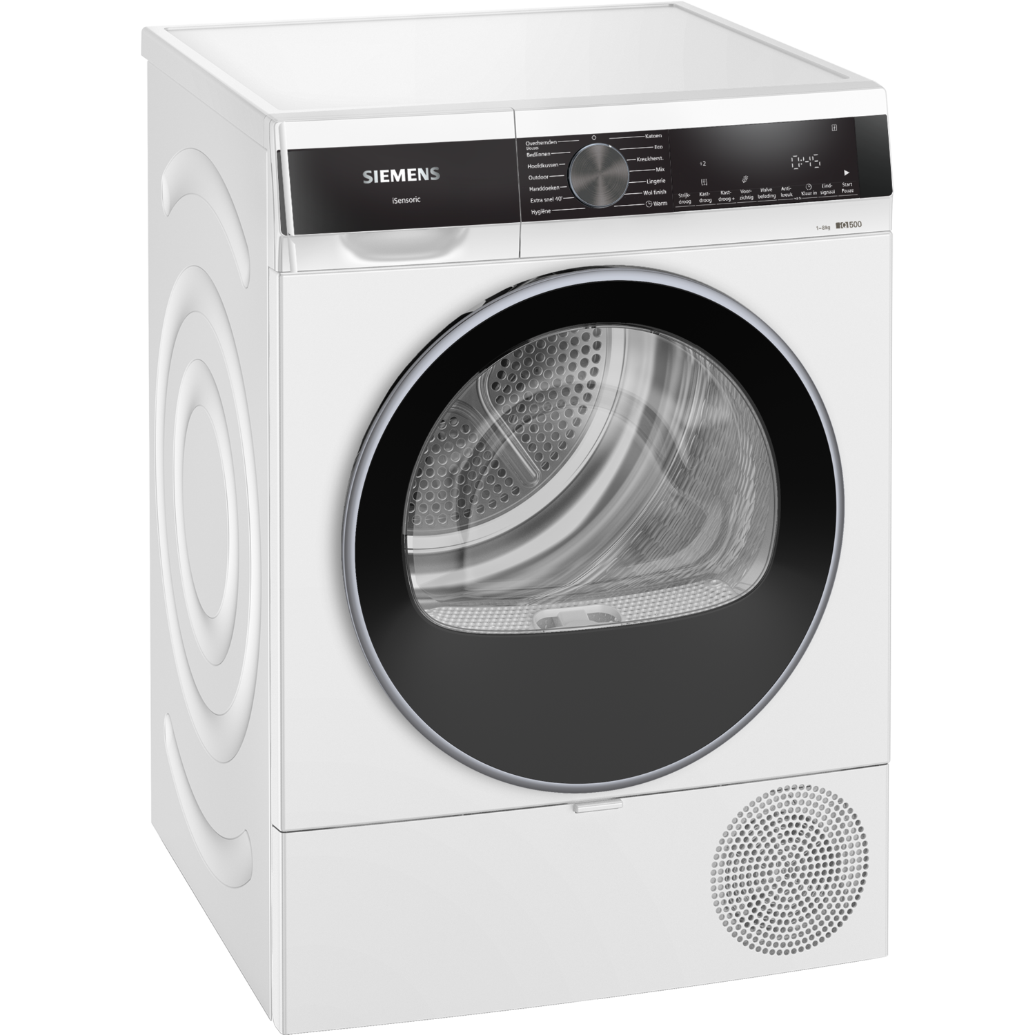 A white Siemens dryer with a black door and control panel. It has various program options and a digital display showing time.
