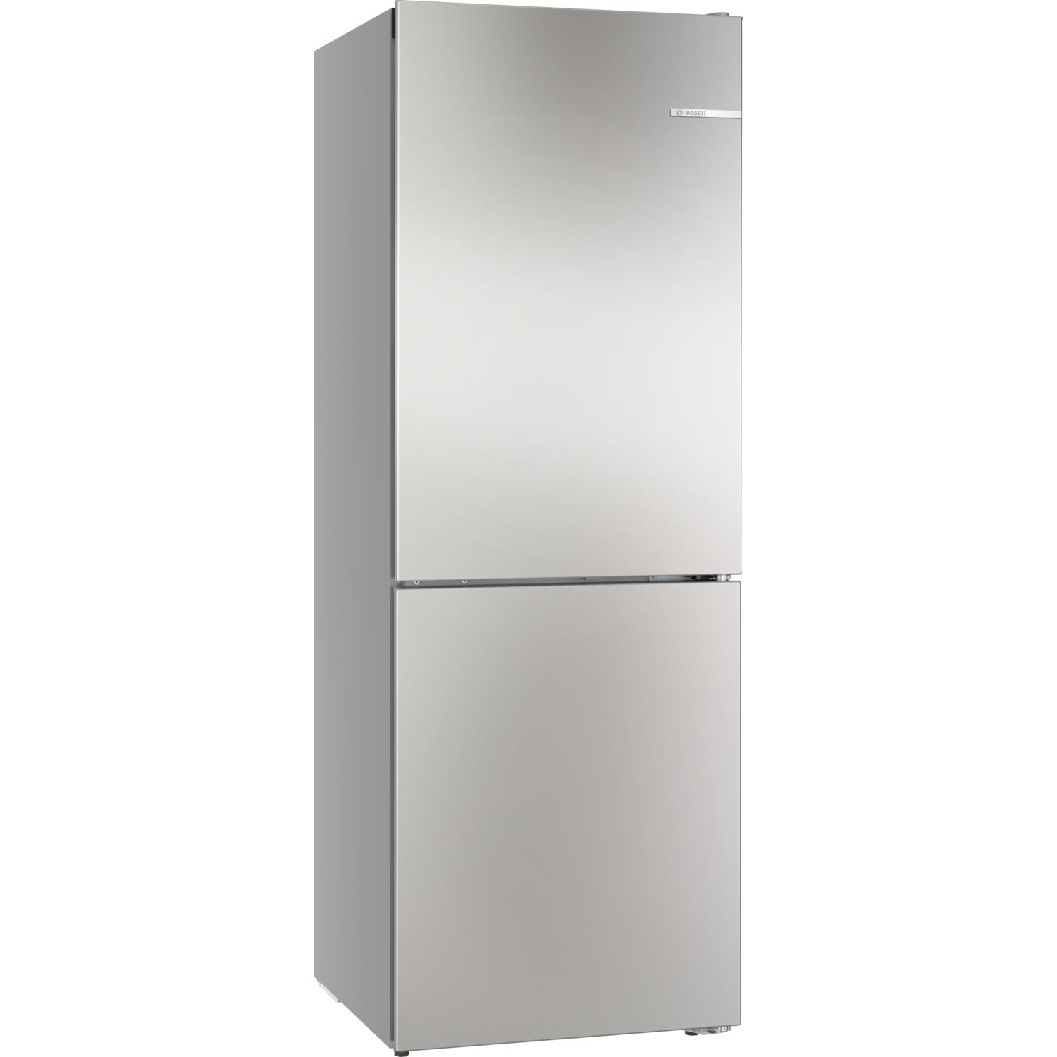 A stainless steel refrigerator with two doors, the top one larger than the bottom, with the Bosch logo on the top door.