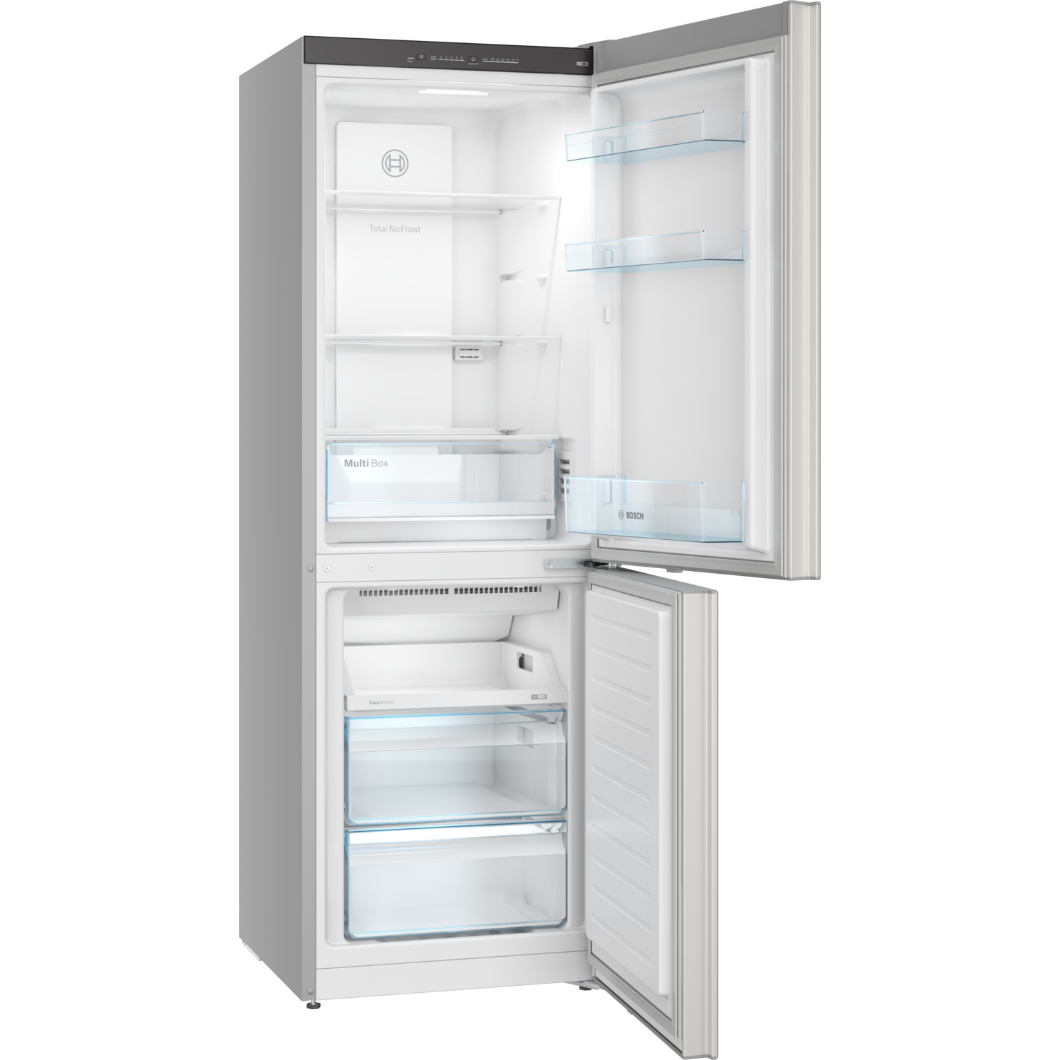 A silver-grey refrigerator with open doors. Interior shows shelves, drawers, and compartments. Brand logo visible. Background is dark.