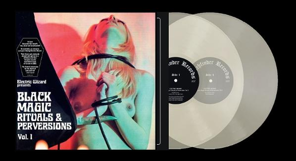 Albumcover: Frau mit gefesseltem Hals, Messer. Black Magic Rituals & Perversions Vol. I. Vinylplatten auf der rechten Seite.