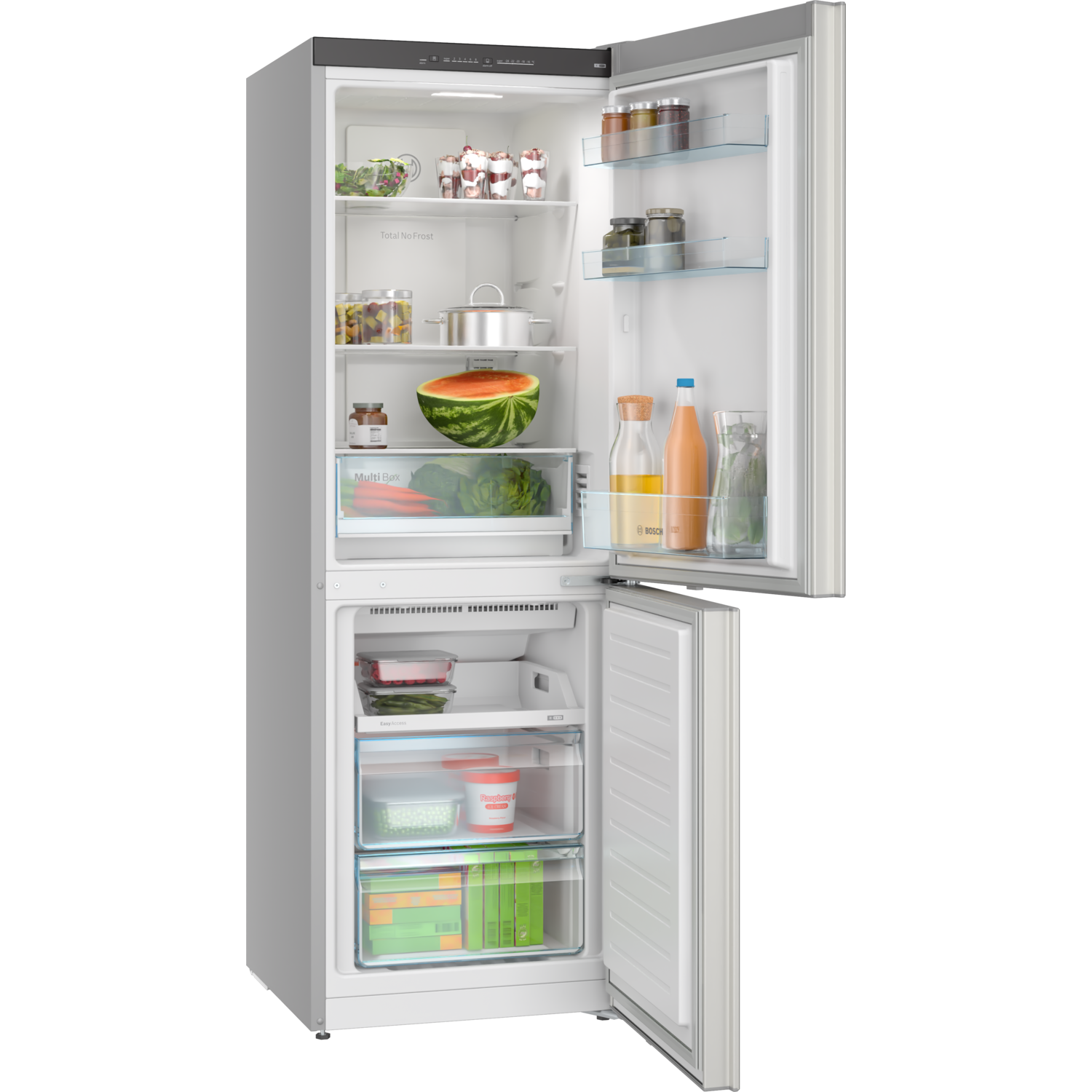 A refrigerator with open doors, showing food items like fruits, vegetables, and jars. The freezer section is also open.
