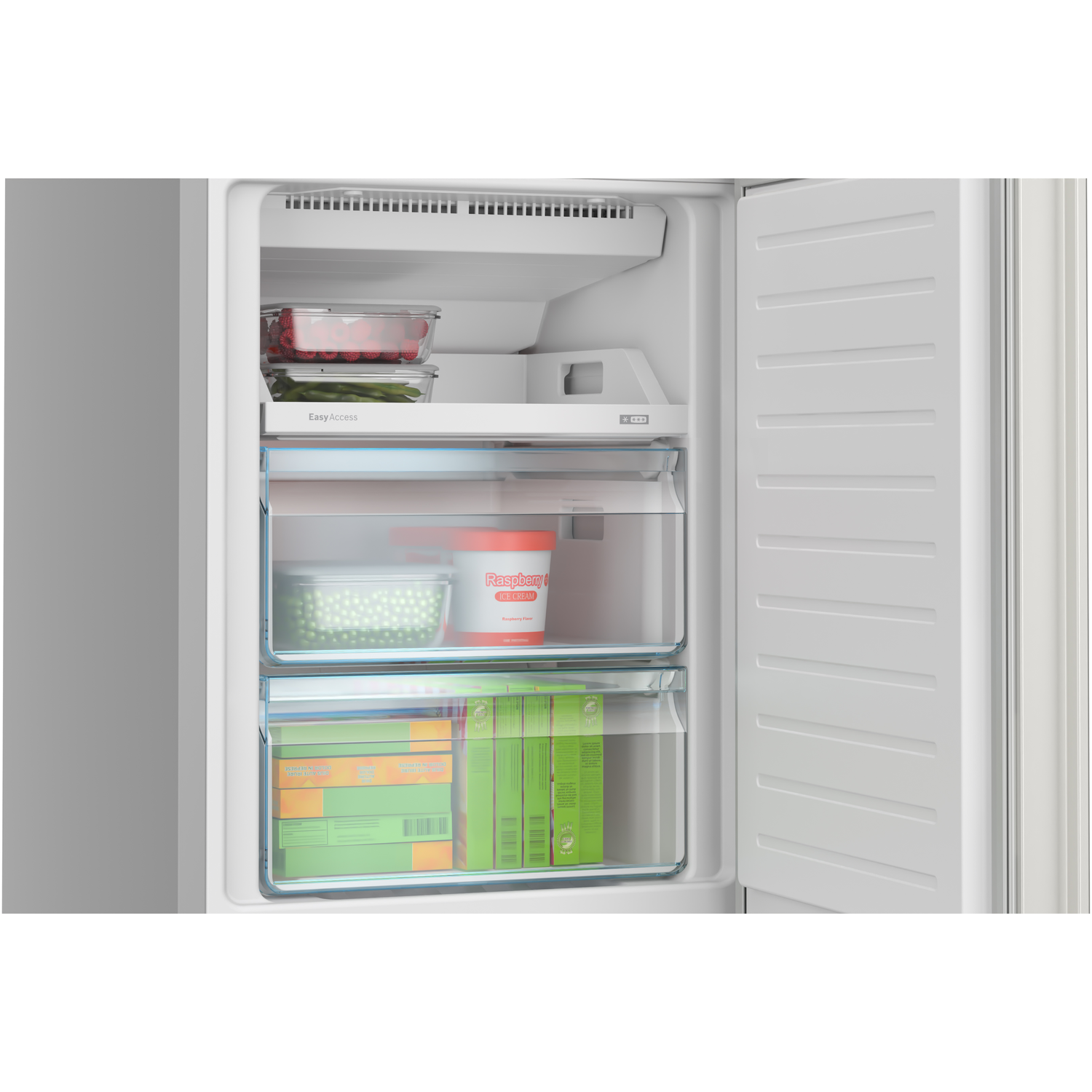 Opened freezer with food inside. Includes containers with raspberries, peas, and ice cream. Also, frozen food boxes are visible.