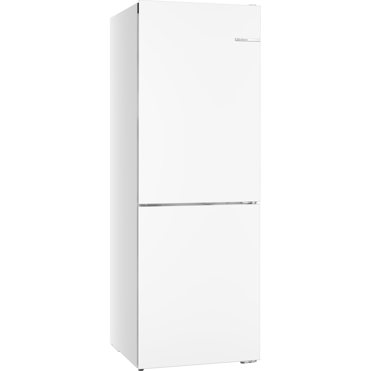 A white Bosch refrigerator with a freezer at the bottom. It has a handle on the bottom and the Bosch logo on the top.