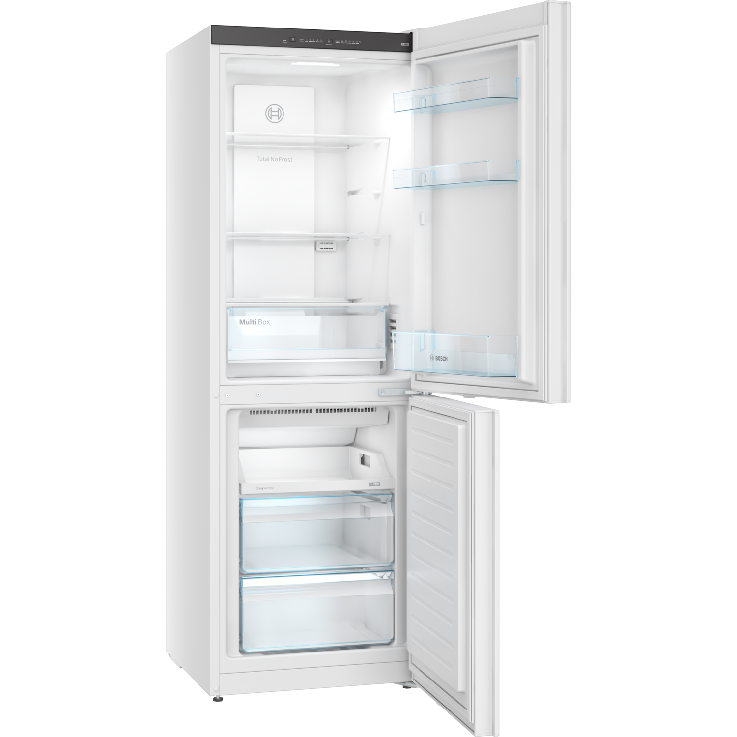 A white refrigerator with open doors. Interior shows shelves, drawers, and the brand logo. The background is a gradient grey.