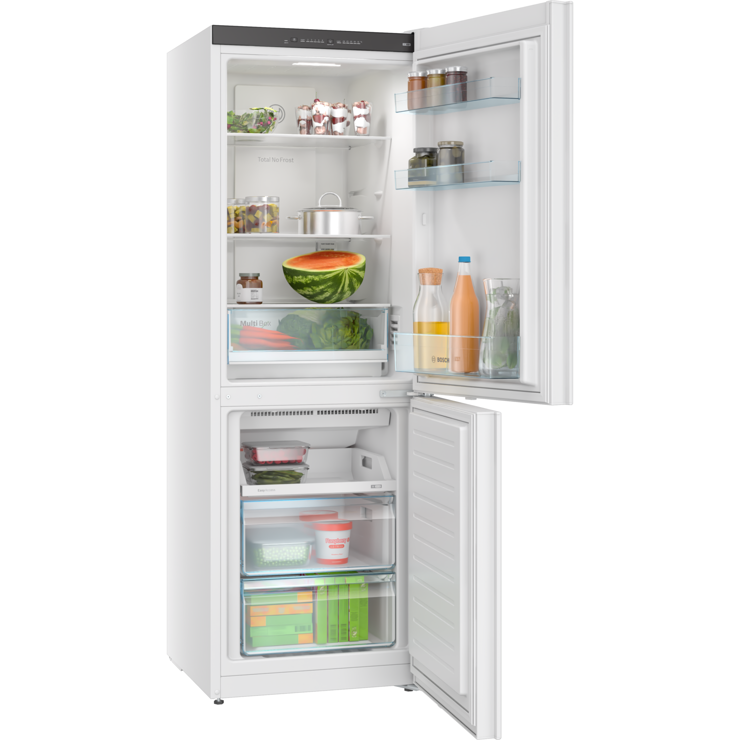 Open white refrigerator showing contents, including watermelon, vegetables, jars, bottles, and containers. The freezer drawer is open.