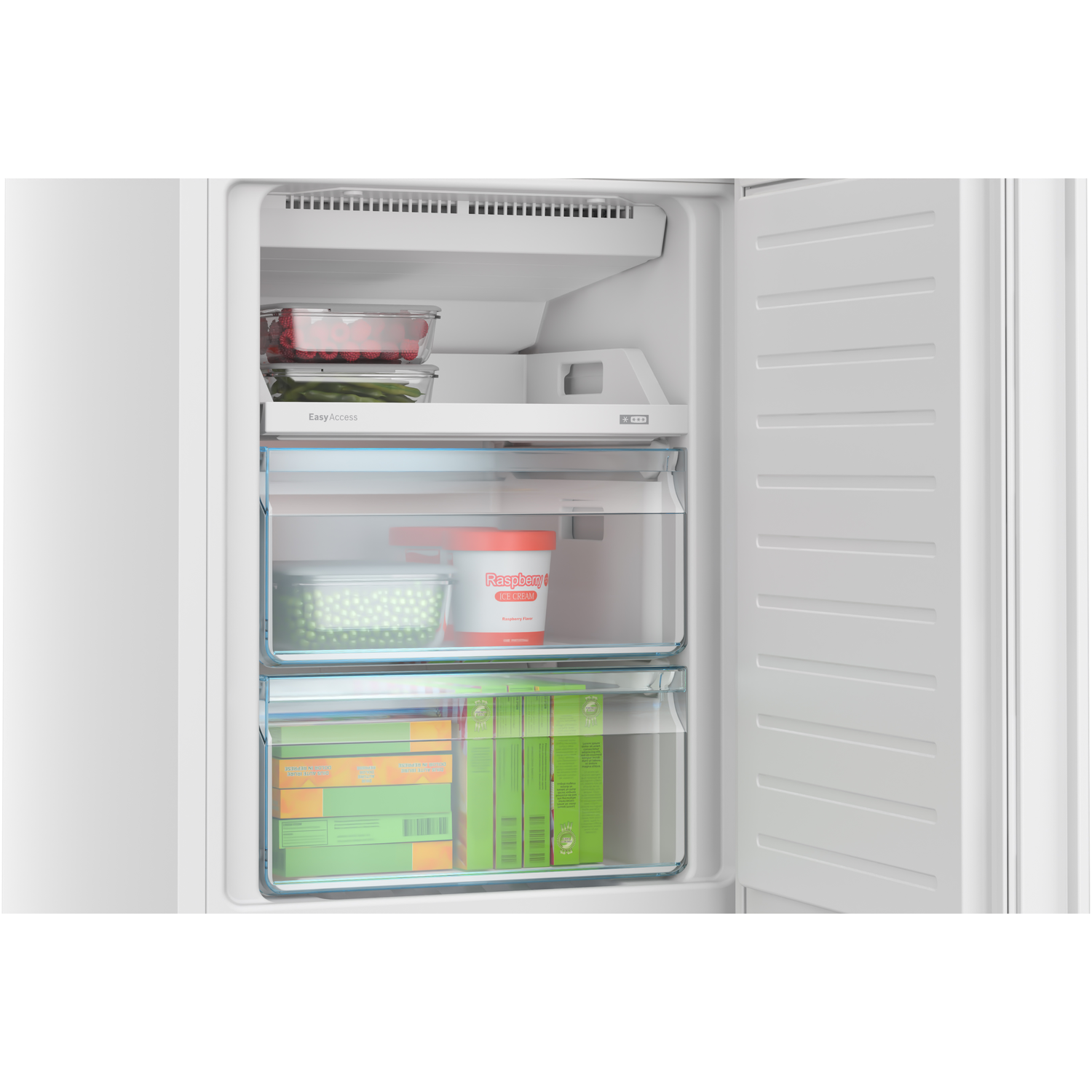 Open freezer with containers. Raspberries, peas, ice cream, and frozen food boxes are visible inside the freezer.