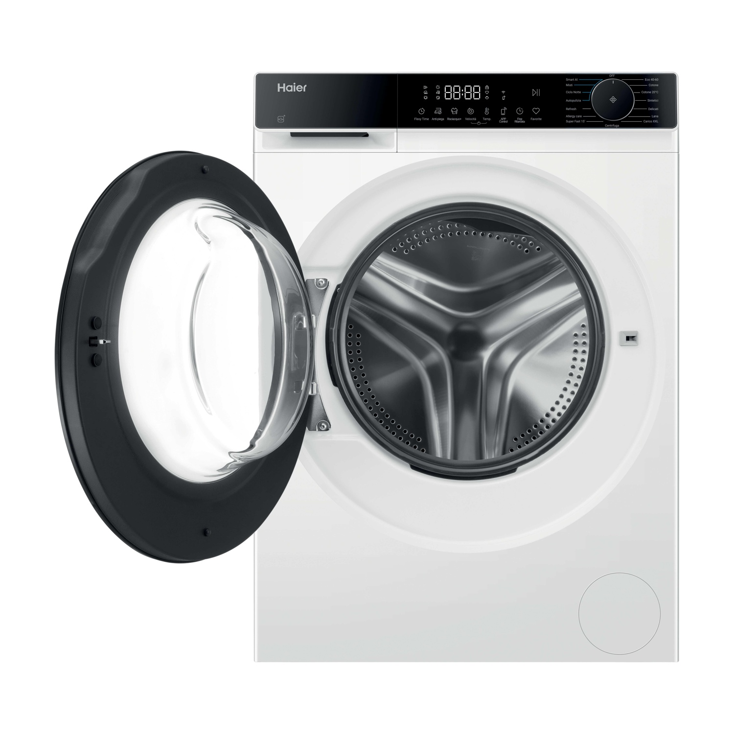 Una lavatrice Haier bianca con la porta aperta. La porta ha un telaio nero e una finestra di vetro. Il display mostra le impostazioni.