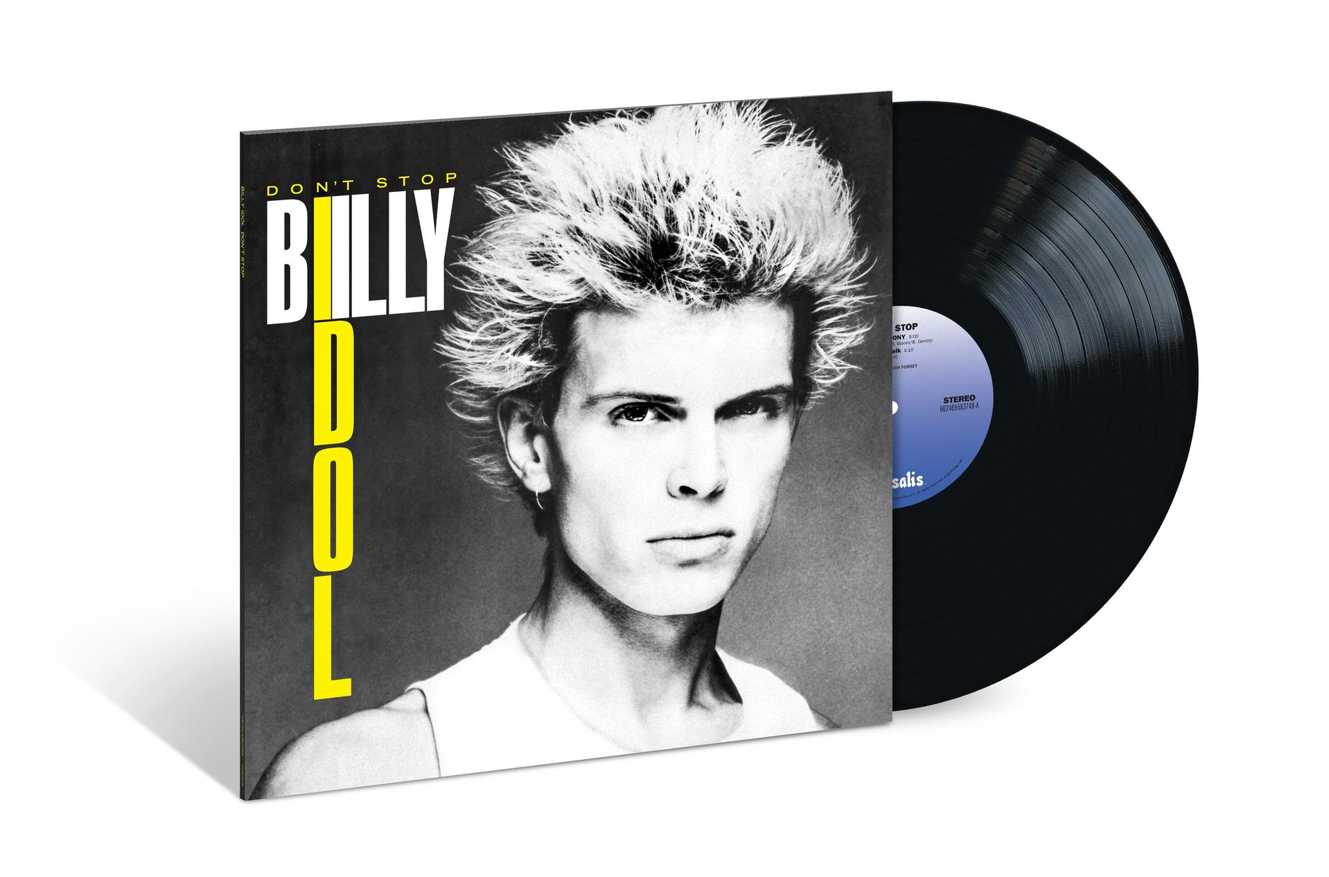Albumcover von Billy Idol. Schwarz-Weiß-Bild von Idol mit stacheligen Haaren neben einer Schallplatte.