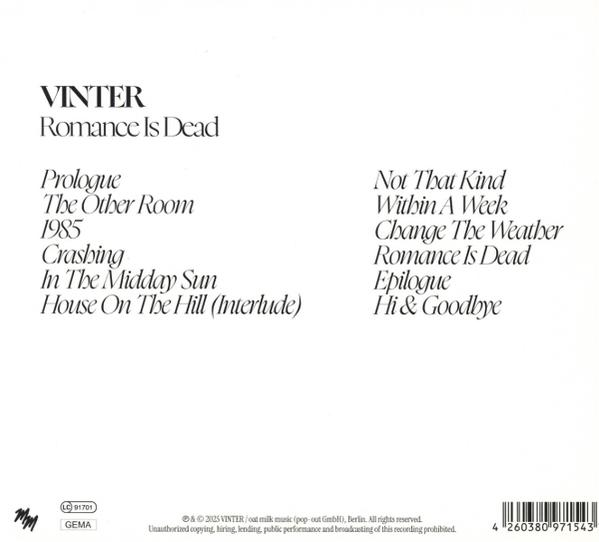 Albumcover mit Text: VINTER, Romance Is Dead und Titelliste. Enthält einen Barcode und Copyright-Informationen.