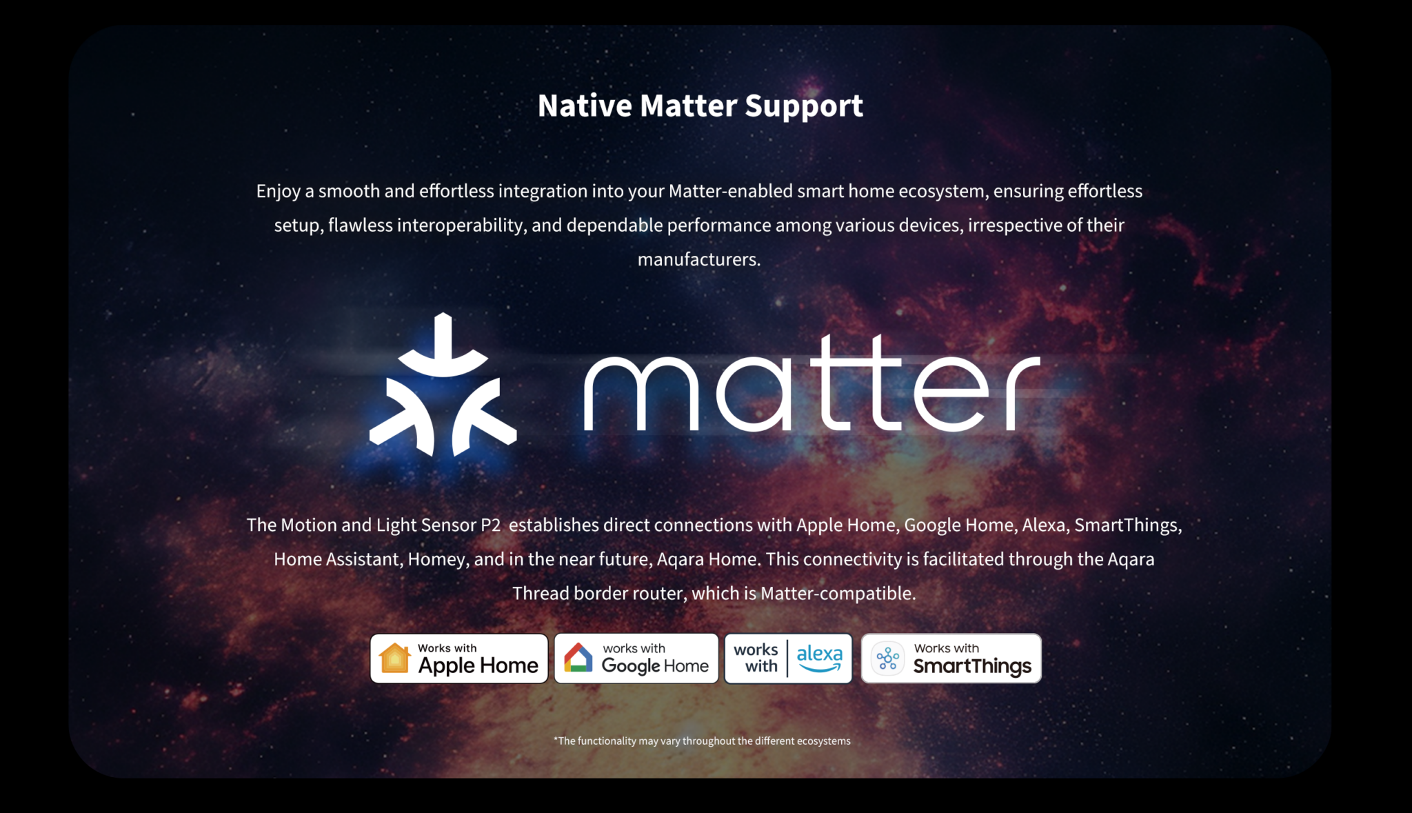 A Matter támogatását népszerűsítő kép. A Matter logót, valamint az Apple Home, Google Home, Alexa és SmartThings kompatibilitást mutatja.