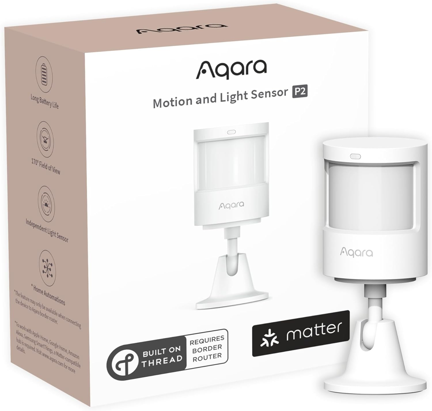 Aqara Motion and Light Sensor P2 doboz. Fehér érzékelő állványon, és egy doboz olyan funkciókkal, mint az otthoni automatizálás és a hosszú akkumulátor-élettartam.