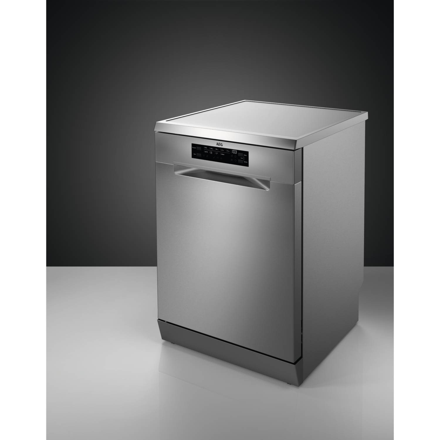 A stainless steel AEG dishwasher on a white reflective surface. It is against a dark gray gradient background.
