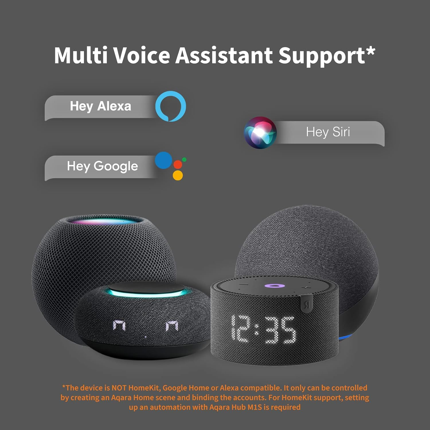 Okos hangszórók idő kijelzéssel, Alexa, Google és Siri támogatással. Fent szöveg: Multi Voice Assistant Support*.