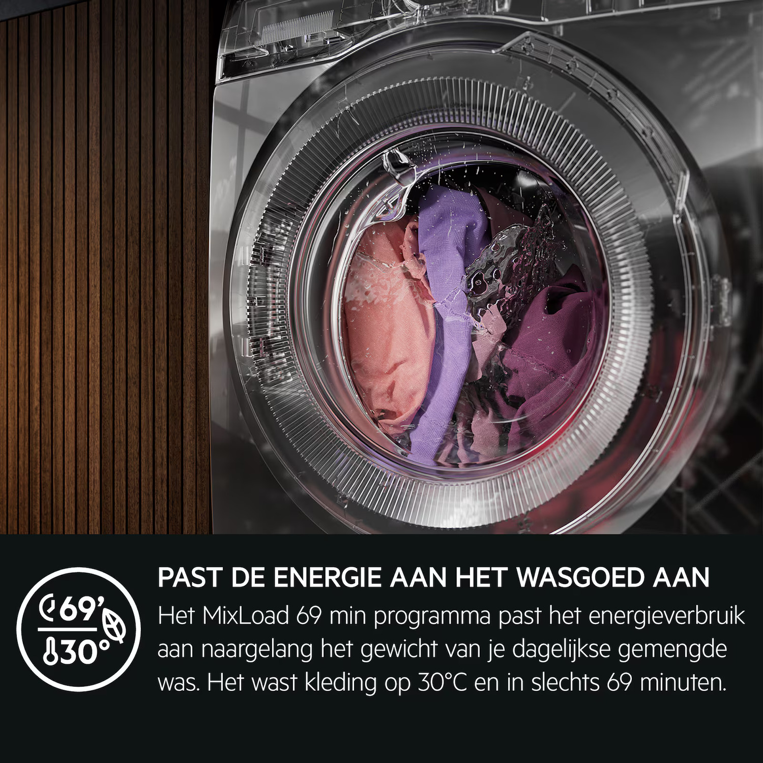 Washing machine with clothes inside. The dial shows 69 minutes and 30 degrees. Text says it adjusts energy use to the load.