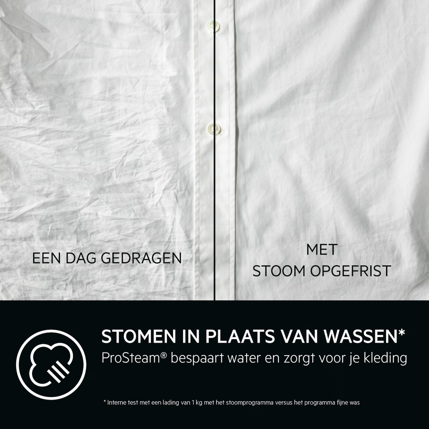 White fabric is compared, one side wrinkled, labeled 'worn one day', the other smooth, labeled 'steam refreshed'.