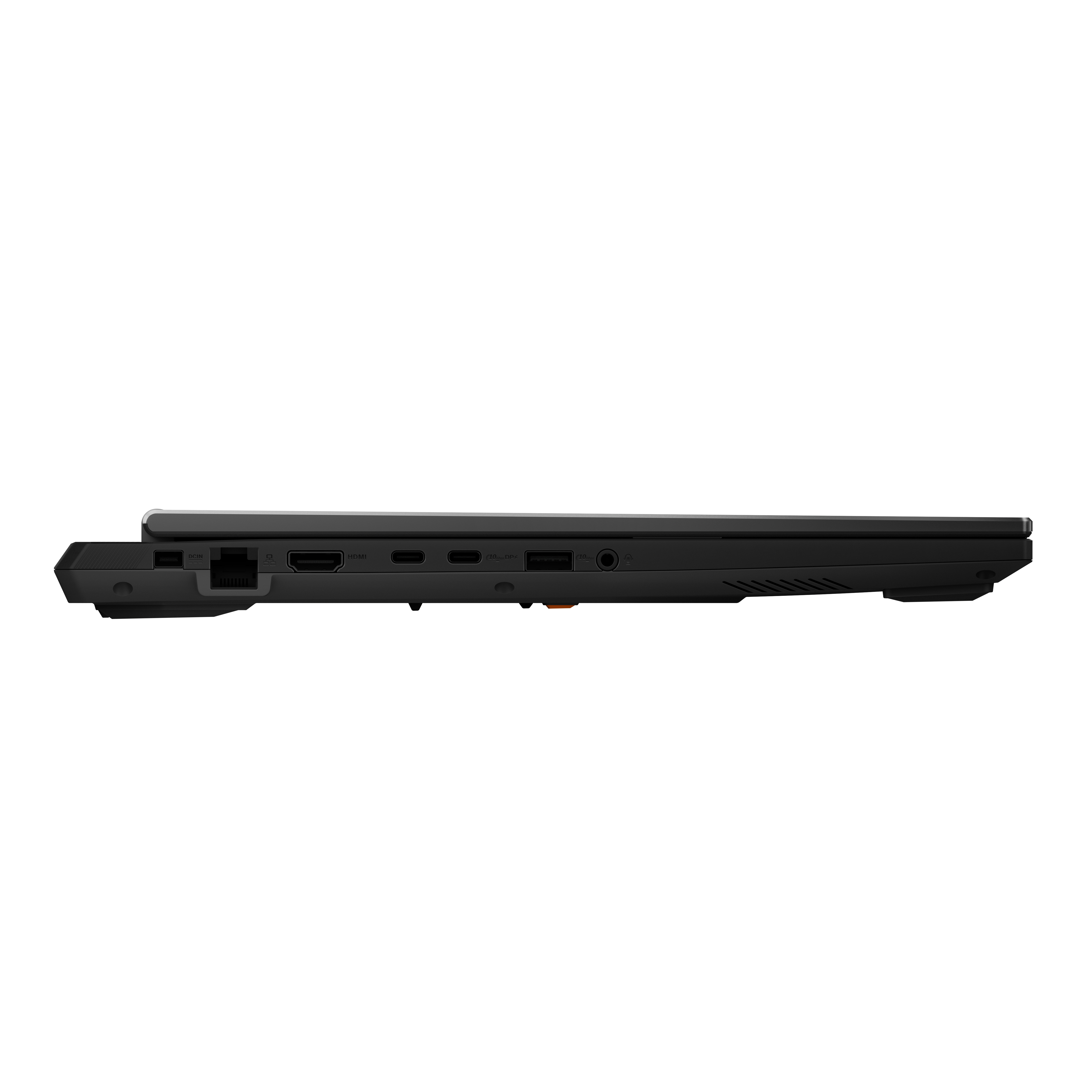 Siyah bir dizüstü bilgisayarın yan görünümü. HDMI, USB, ses jakı ve diğer bağlantı noktaları görünür. Dizüstü bilgisayar kapalı.