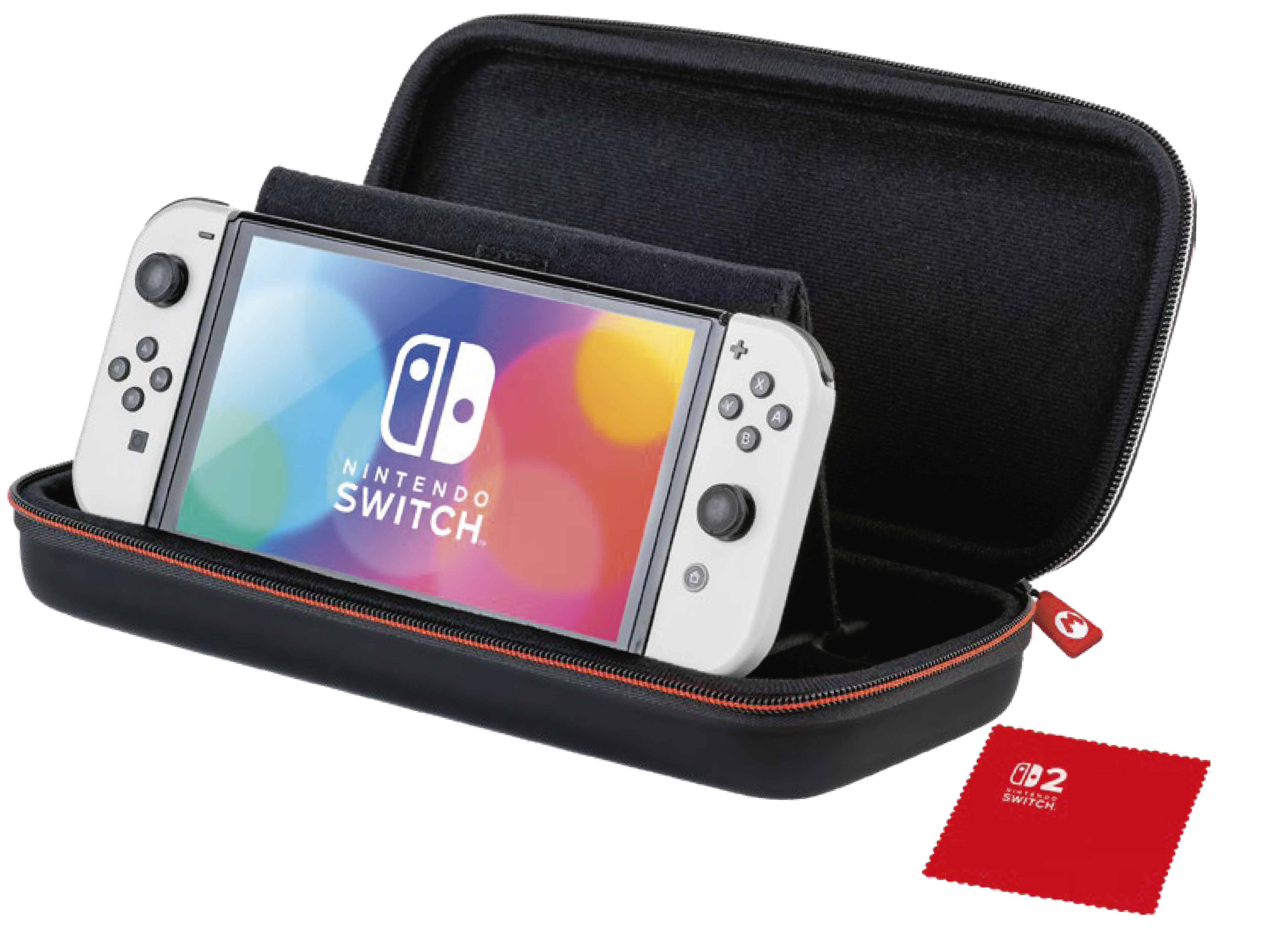 Nintendo Switch-Konsole in schwarzem Etui mit roten Akzenten und rotem Reinigungstuch.