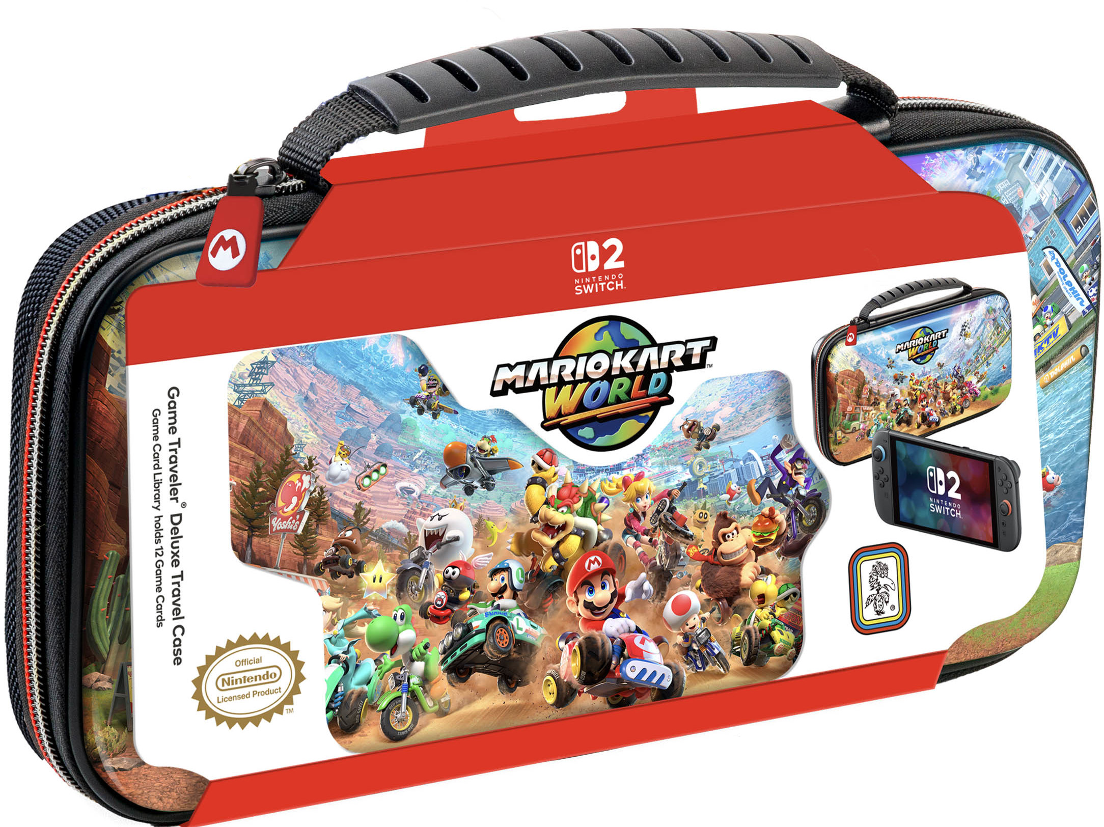 Ein roter und schwarzer Mario Kart-Reisekoffer mit Mario und seinen Freunden auf der Vorderseite und einer Nintendo Switch.