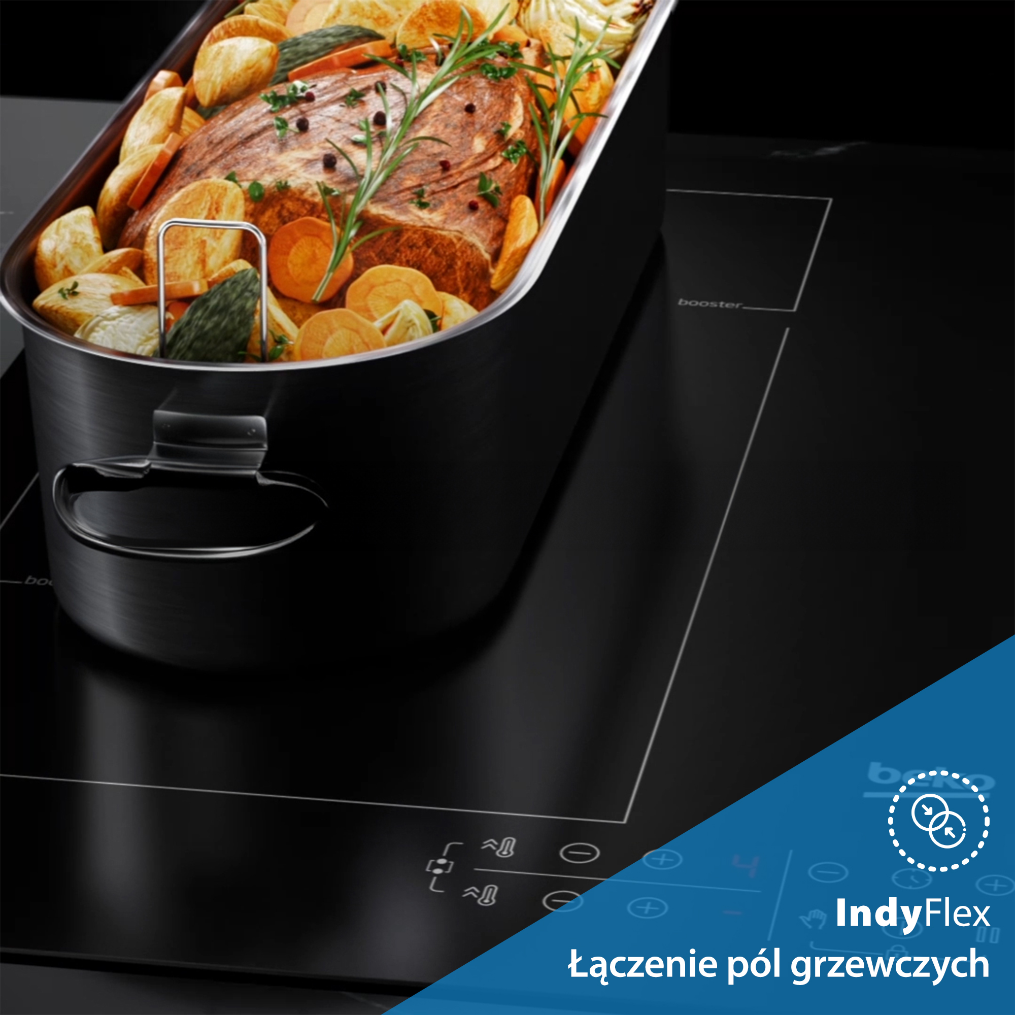Metalowy garnek na czarnej kuchence zawiera ugotowane jedzenie. Widoczne są warzywa i mięso. Płyta ma sterowanie dotykowe.