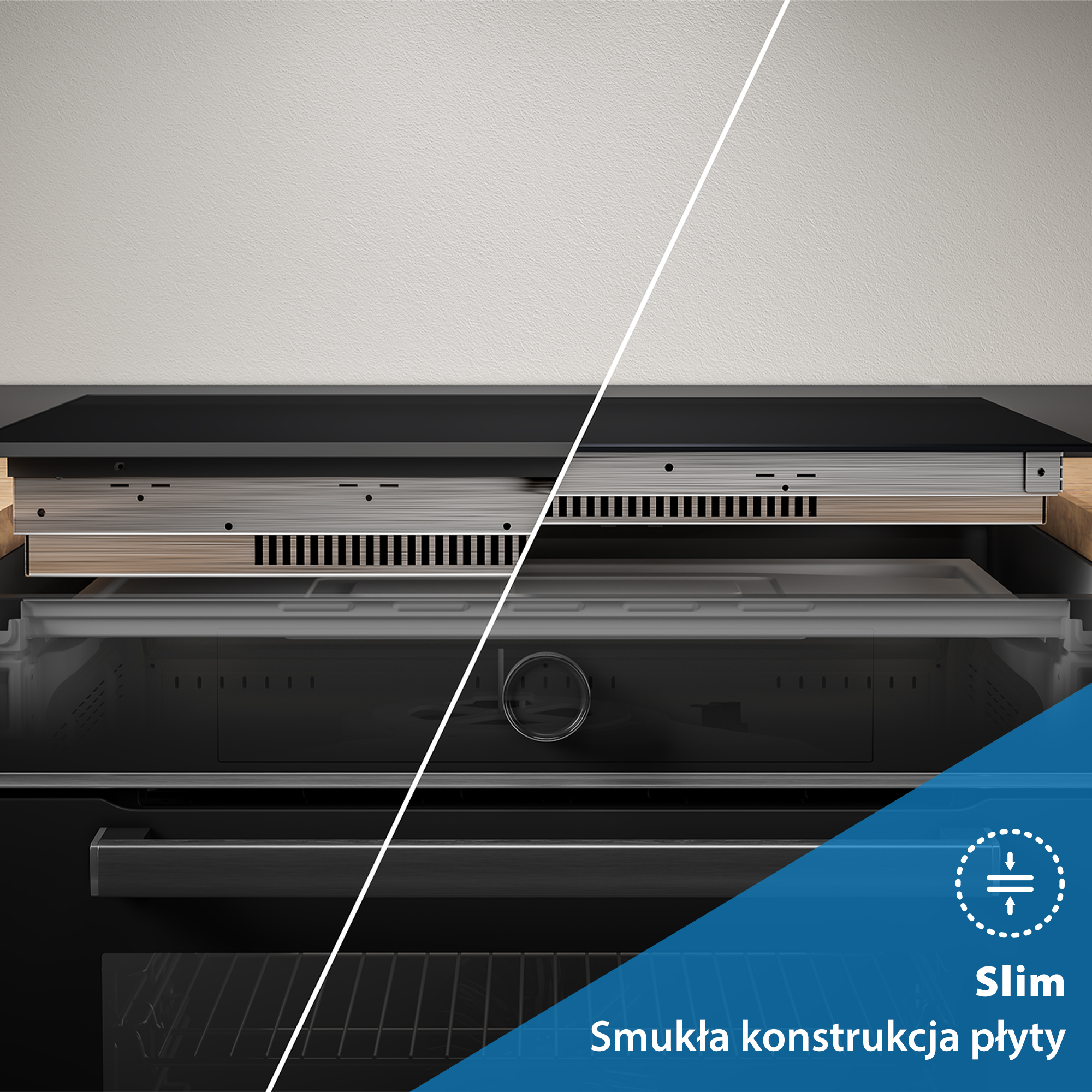 Zbliżenie smukłego piekarnika. Widoczne elementy to górny panel, metalowe komponenty, szklane drzwi i niebieski element.