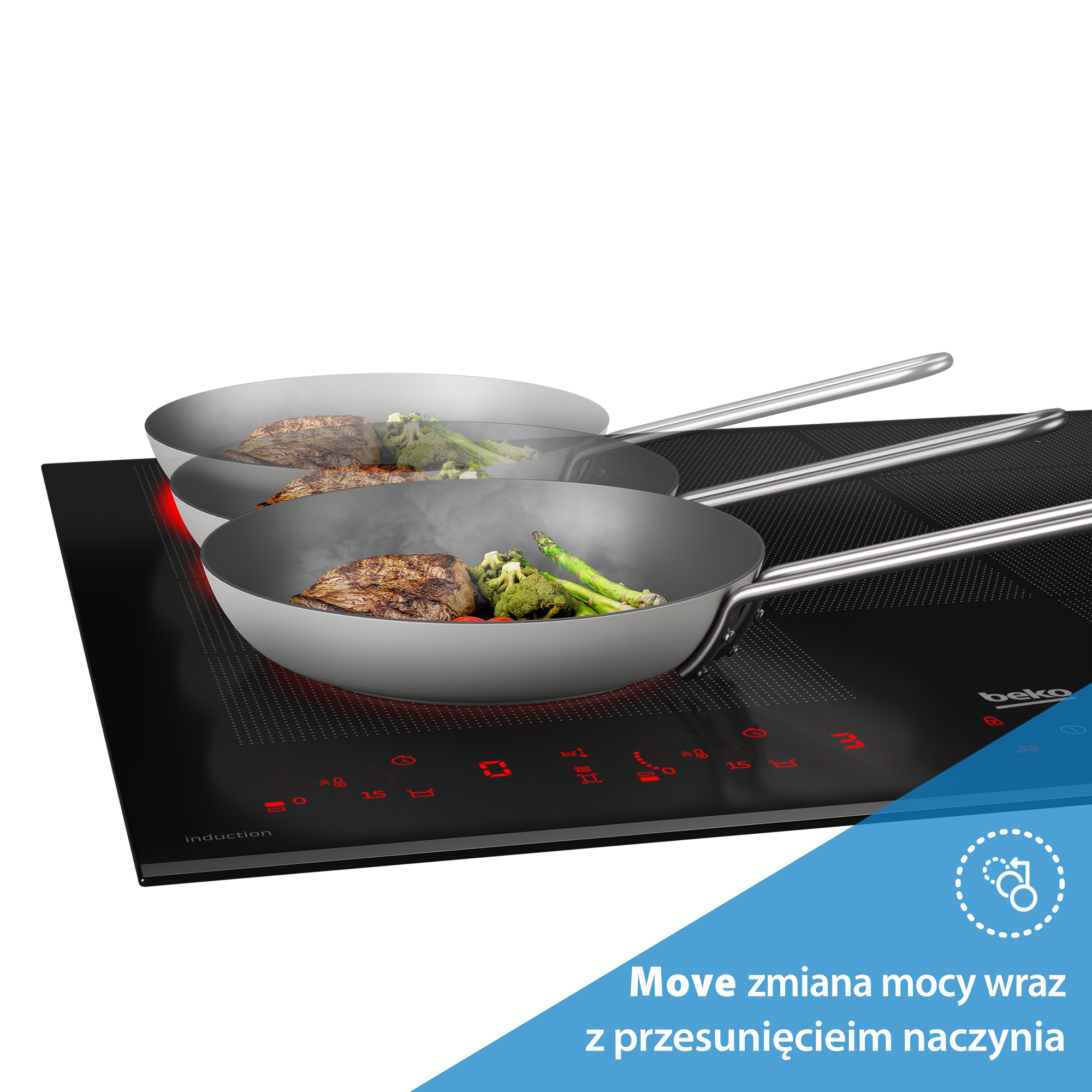 Płyta indukcyjna z dwoma patelniami. Jedna z jedzeniem, brokułami i szparagami. Czerwone podświetlane elementy sterujące. Logo Beko.