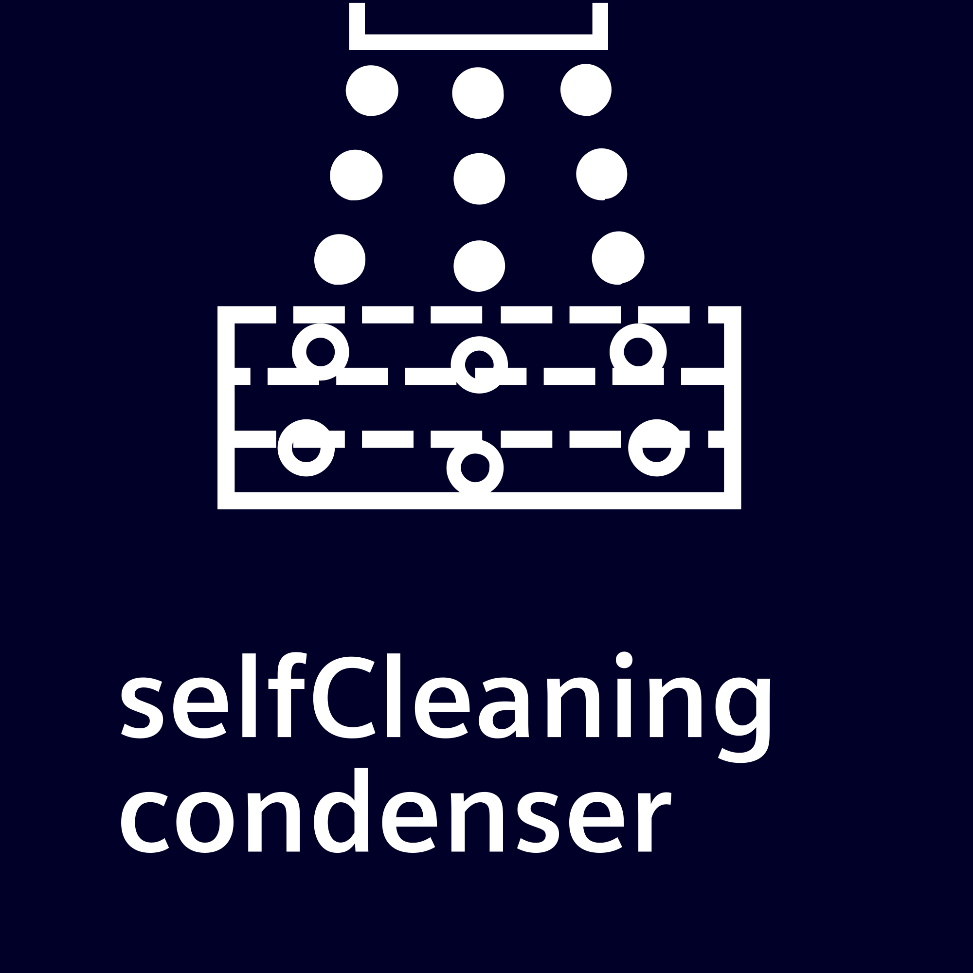 Weißes Diagramm eines selbstreinigenden Kondensators auf dunkelblauem Hintergrund. Es zeigt Kreise und Linien sowie den Text 'selfCleaning condenser'.