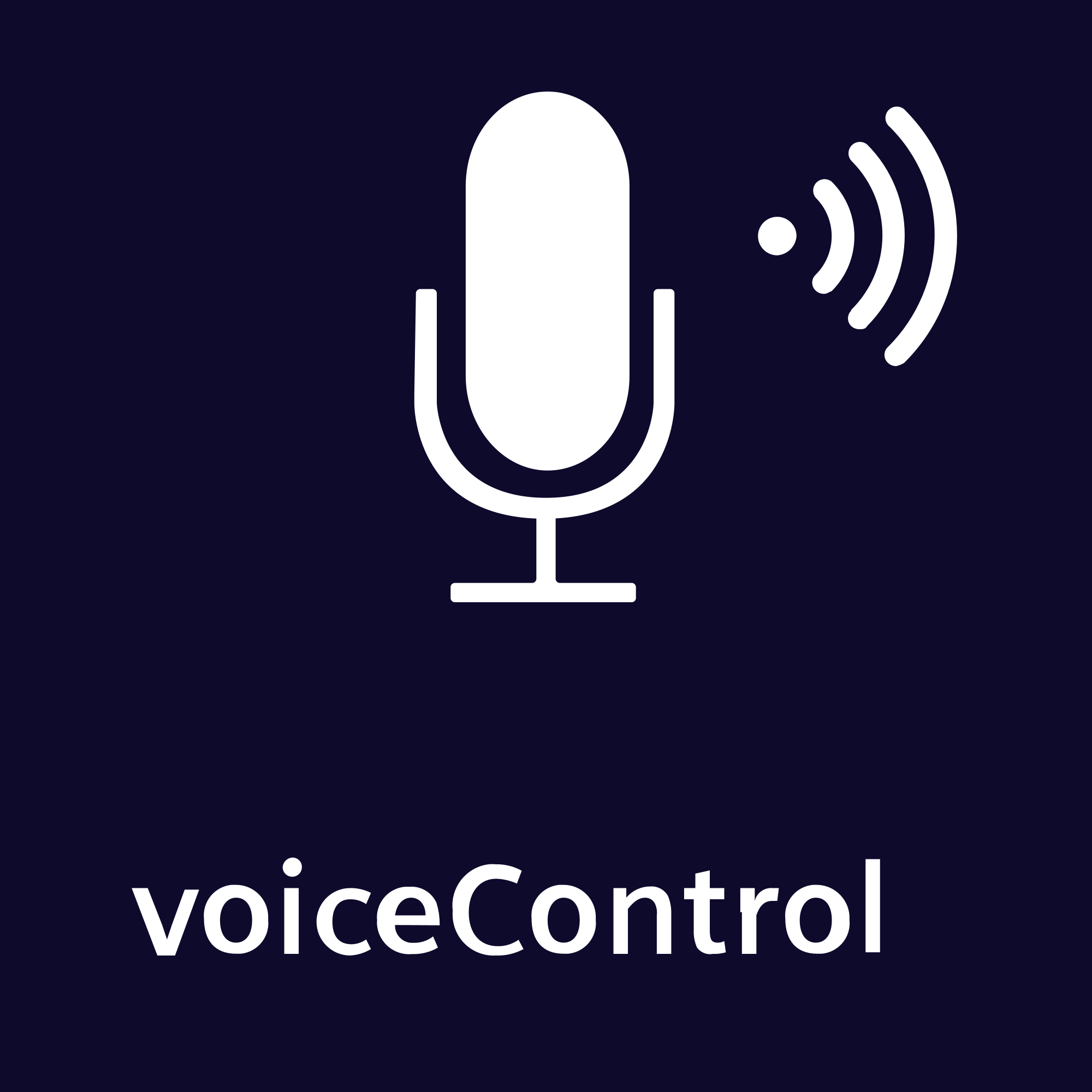Weißes Mikrofon-Icon mit Schallwellen auf dunkelblauem Hintergrund. Text 'voiceControl' darunter.