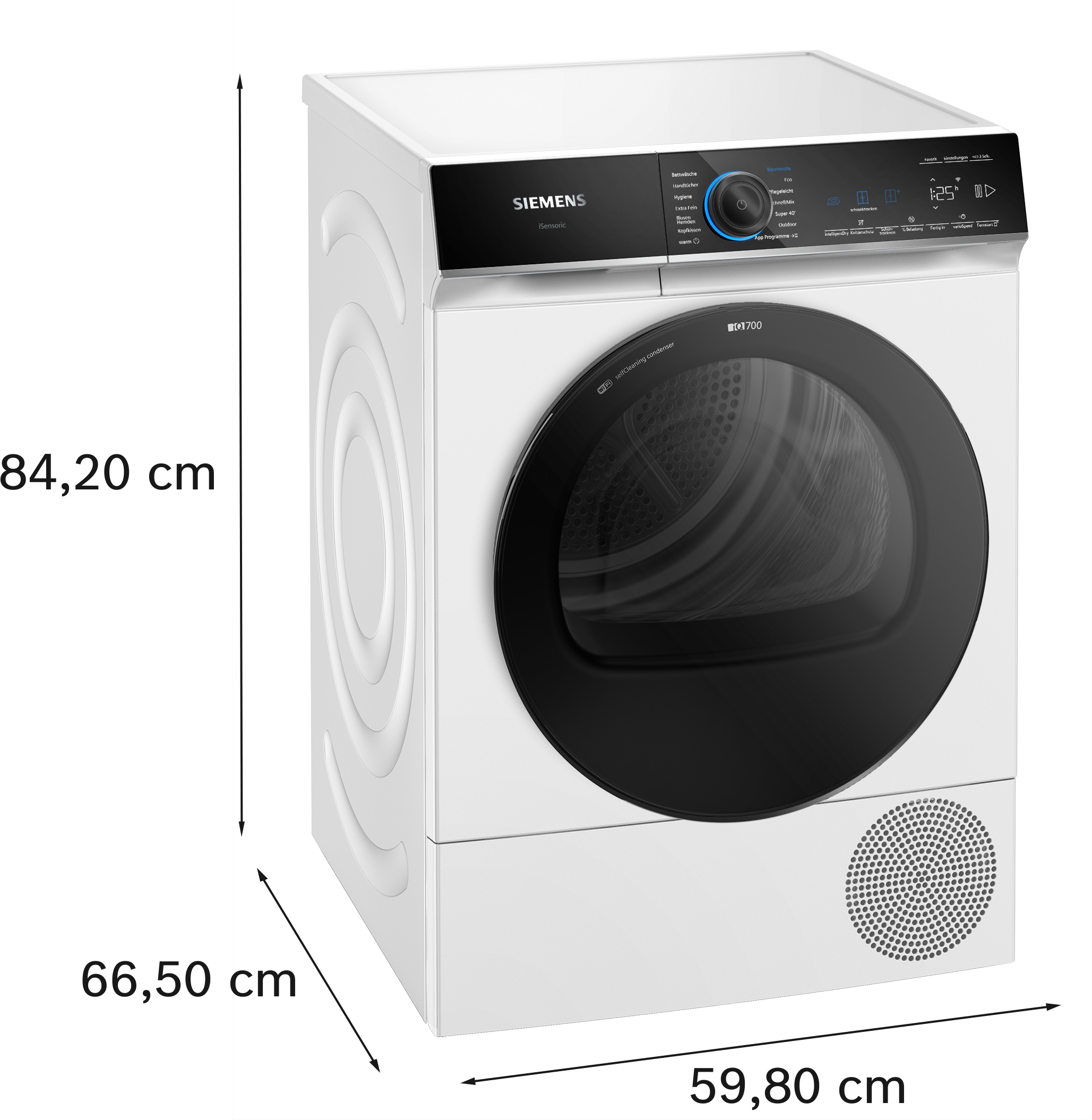 Weißer Siemens-Trockner mit schwarzer Tür und Bedienfeld. Abmessungen sind angezeigt. Etiketten umfassen iQ700 und WiFi.