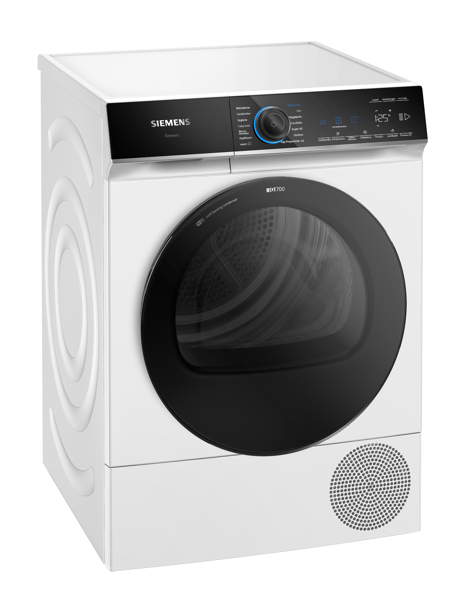 Ein weißer Siemens iQ700 Trockner. Er hat eine schwarze Tür, ein Bedienfeld und einen runden Lautsprecher. Das Bedienfeld hat Knöpfe.