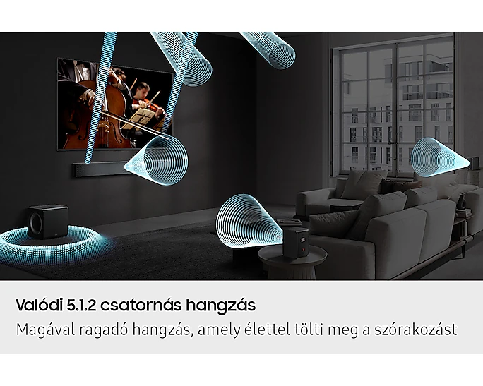 Nappali egy zenekart mutató TV-vel. Hanghullámok sugároznak a hangszórókból, szub-ból és soundbar-ból.
