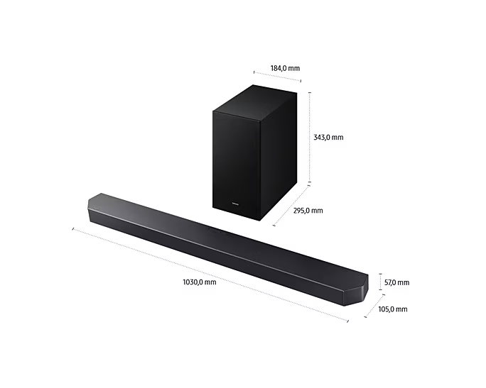 Fekete soundbar és mélynyomó készlet. Méretek: soundbar 1030 mm, mélynyomó 343 mm magas.