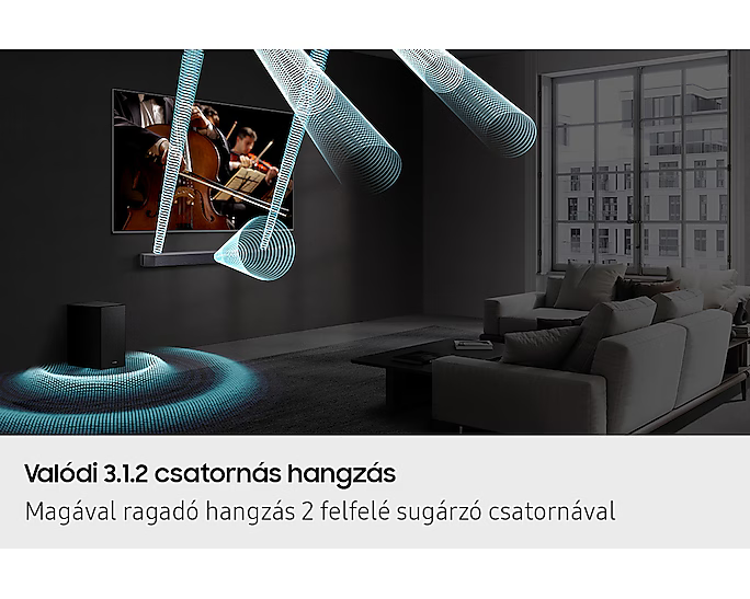 Egy házimozi beállítás, amely egy TV-t, egy soundbart, egy mélynyomót és hanghullám grafikákat mutat be. Egy nappali látható kanapéval.