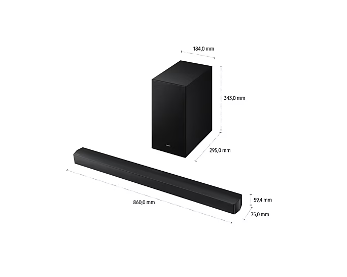 Egy fekete soundbar, egy fekete mélynyomó és a méretek láthatók. A soundbar 860 mm hosszú. A mélynyomó 343 mm magas.