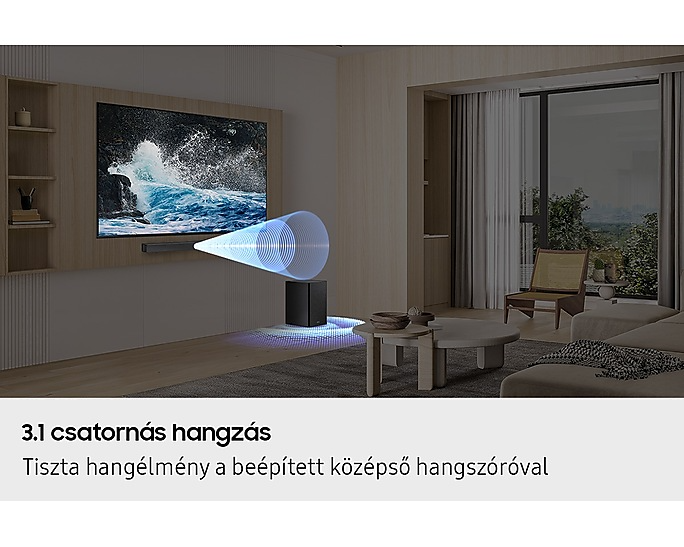Nappali, TV-n hullámok. A soundbar és a mélynyomó 3.1-es csatornás hangzást mutat be. Hanghullám grafika.