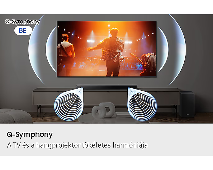 A TV koncert jelenetet jelenít meg. Hangprojektor és mélynyomó alatta. Q-Symphony logó hanghullám effektussal.
