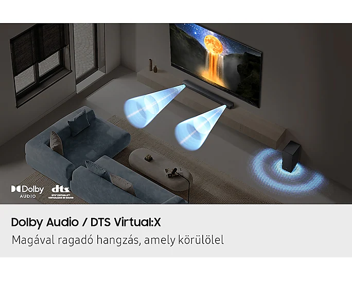 Nappali jelenet TV-vel, hangrendszerrel és kanapéval. Kék hanghullámok vetülnek a hangszórókból. A TV vízesést jelenít meg.