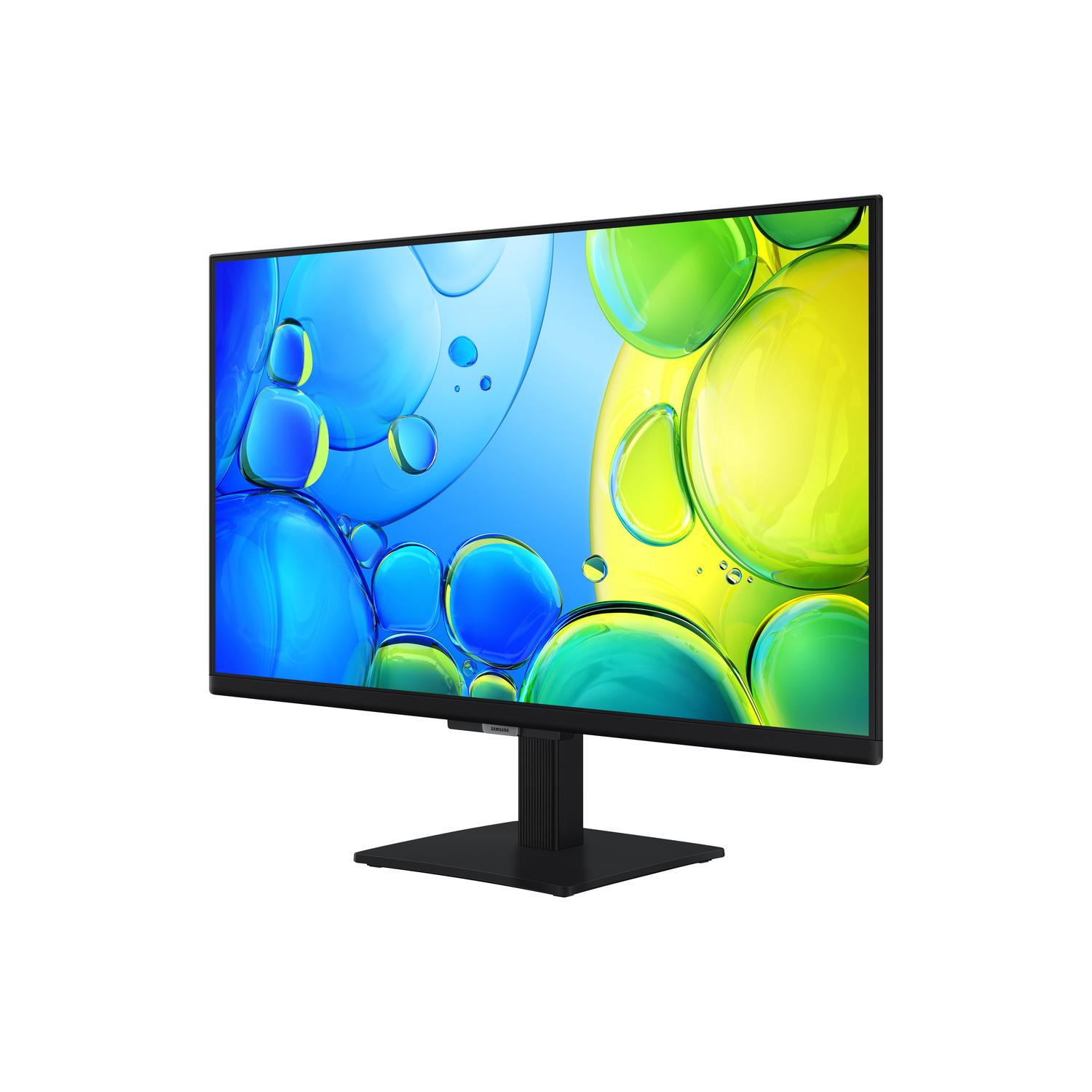 A black computer monitor displays blue and yellow bubbles. The monitor is on a black stand against a white background.