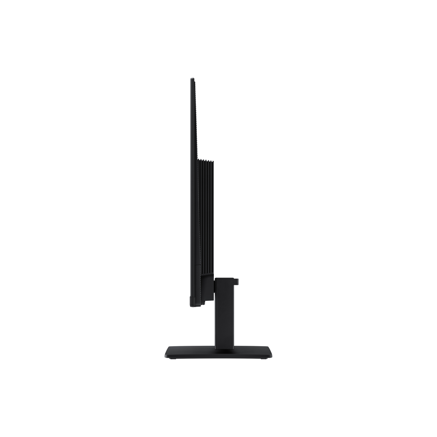 A black computer monitor viewed from the side, with a black stand. The background is plain white.