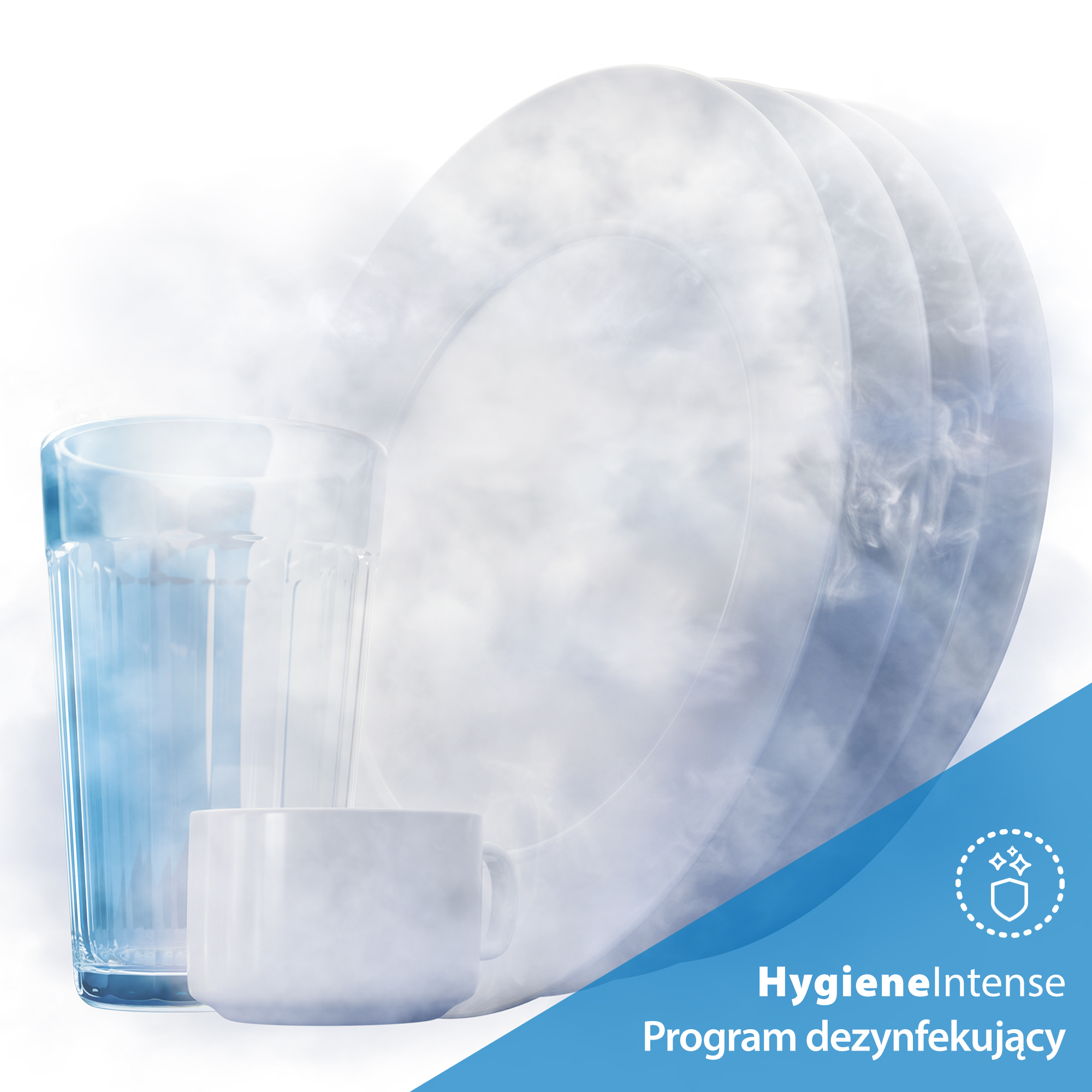 Obraz przedstawia naczynia, szklankę i kubek z efektem pary. Schemat kolorów niebieski i biały, z tekstem Hygiene Intense.