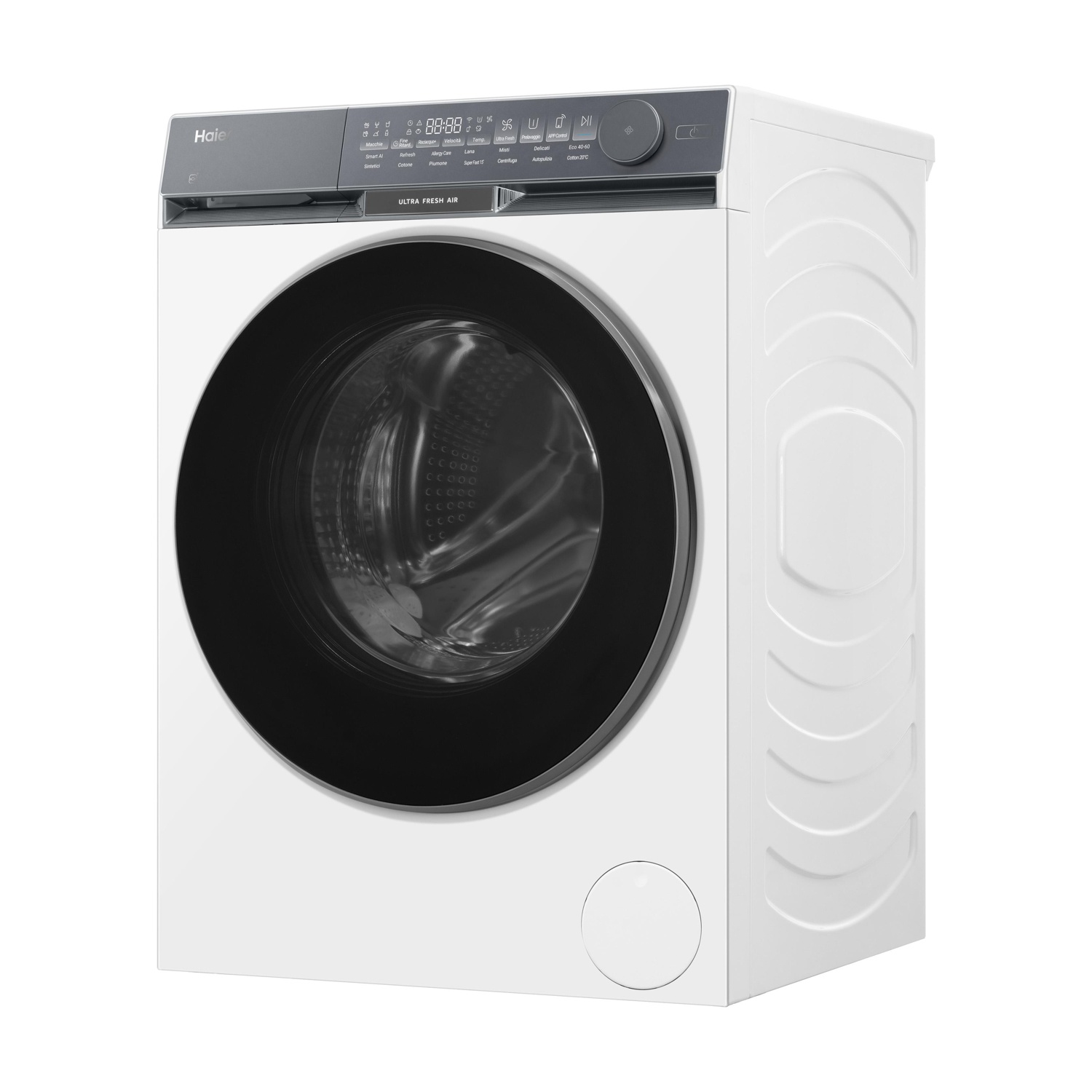 Una lavatrice Haier bianca, con porta nera e display digitale. Presenta pulsanti per diversi cicli di lavaggio.