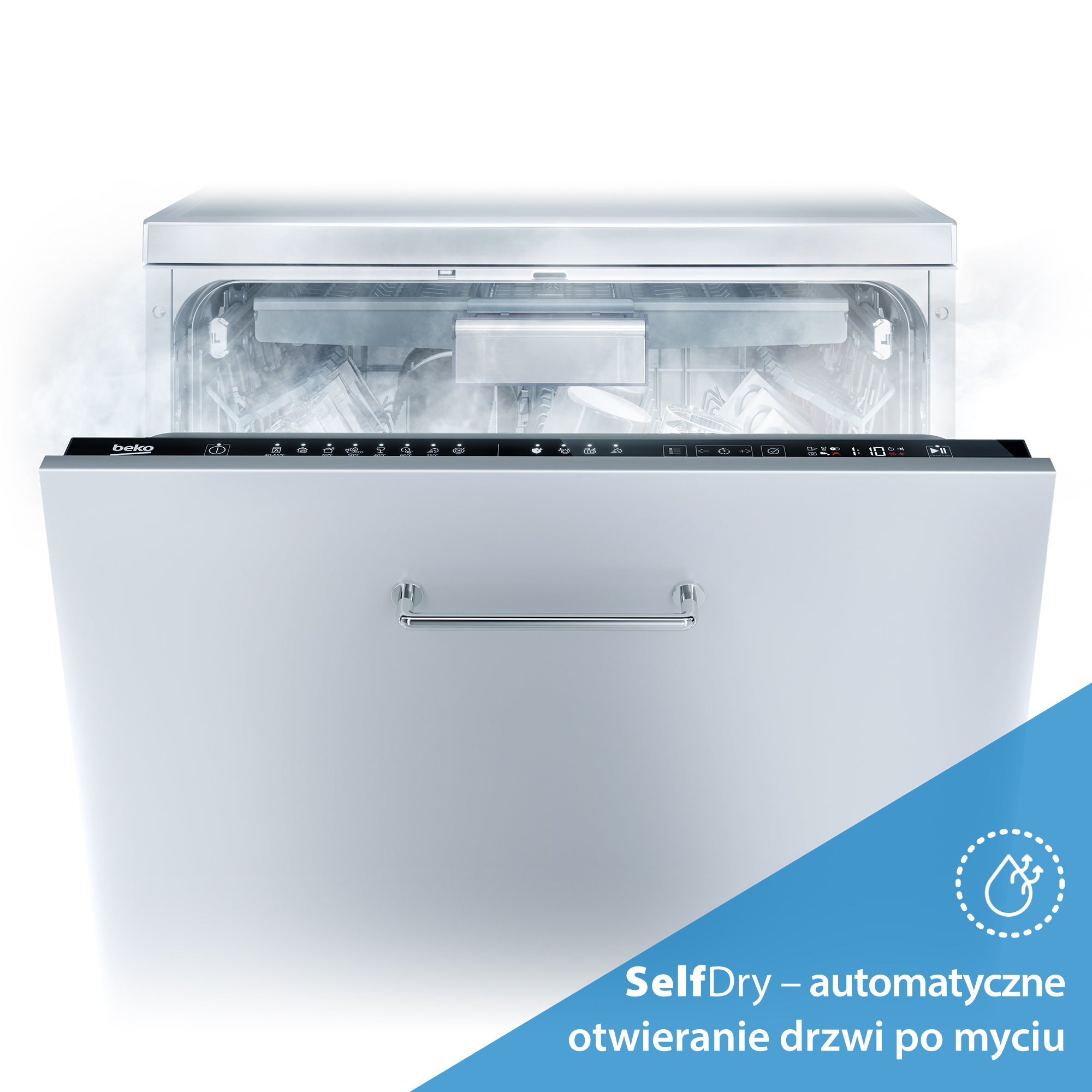 Otwarta zmywarka Beko. Drzwi są otwarte, widać naczynia w środku. Para jest widoczna. Niebieski baner z napisem SelfDry.