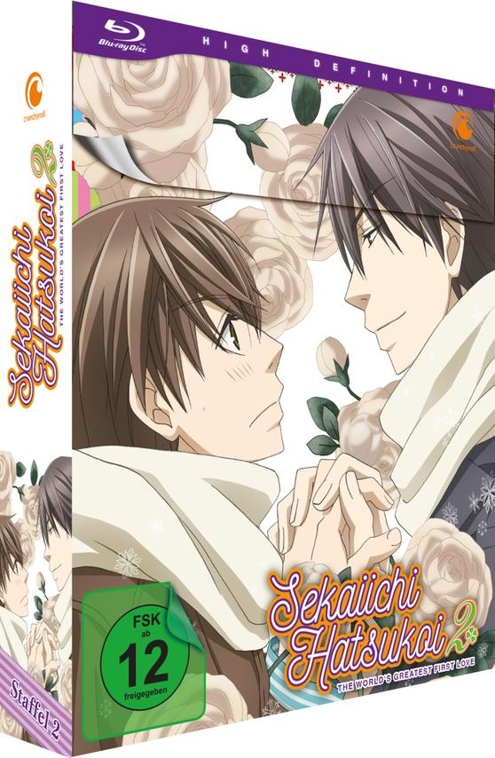 Anime-Cover. Zwei Männer stehen sich gegenüber und halten Händchen. Rosen und Textüberlagerung. Blu-ray Disc. Der Titel lautet "Sekaiichi Hatsukoi".