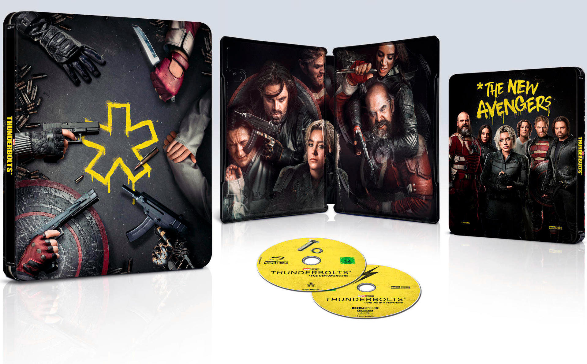 Thunderbolts Blu-ray-Set mit mehreren Covern. Enthält Charaktere mit Waffen und ein gelbes Sternsymbol auf dunkler Oberfläche.