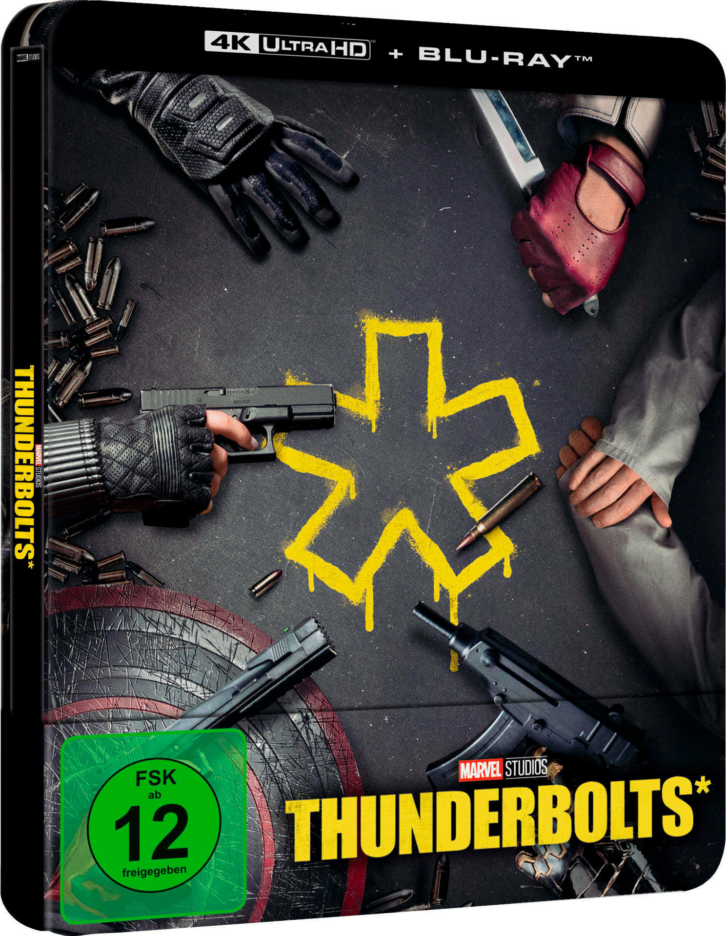 Filmcover: Hände mit Waffen, gelbes Sternsymbol, Kugeln auf schwarzem Untergrund. Titel: Thunderbolts.