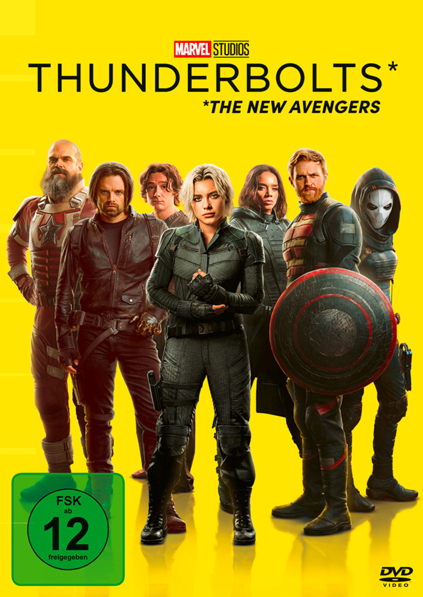 Marvel Studios Thunderbolts: Die neue Avengers-Truppe mit 7 Helden auf gelbem Hintergrund.
