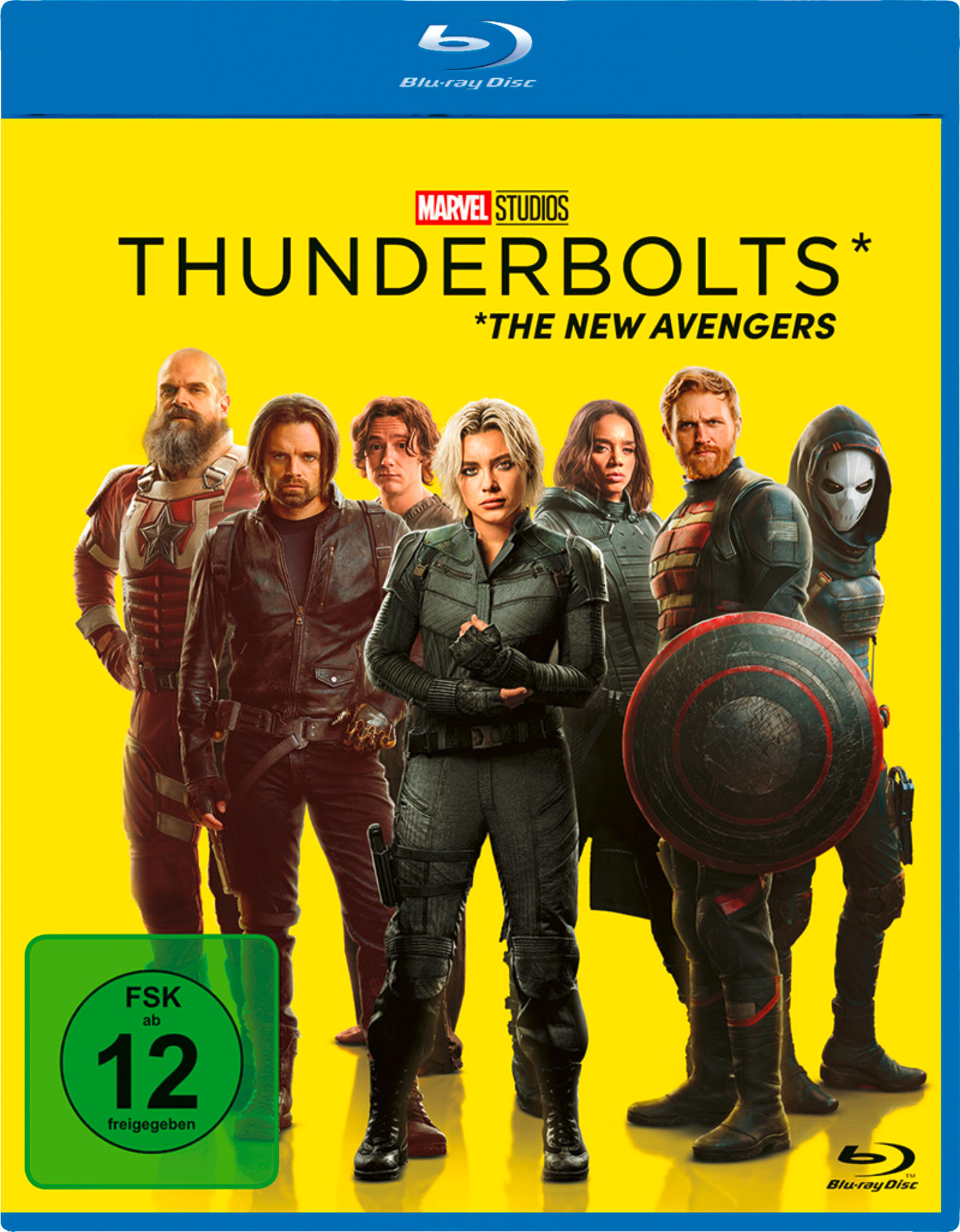 Marvels Thunderbolts: Poster mit sieben Superhelden vor gelbem Hintergrund.
