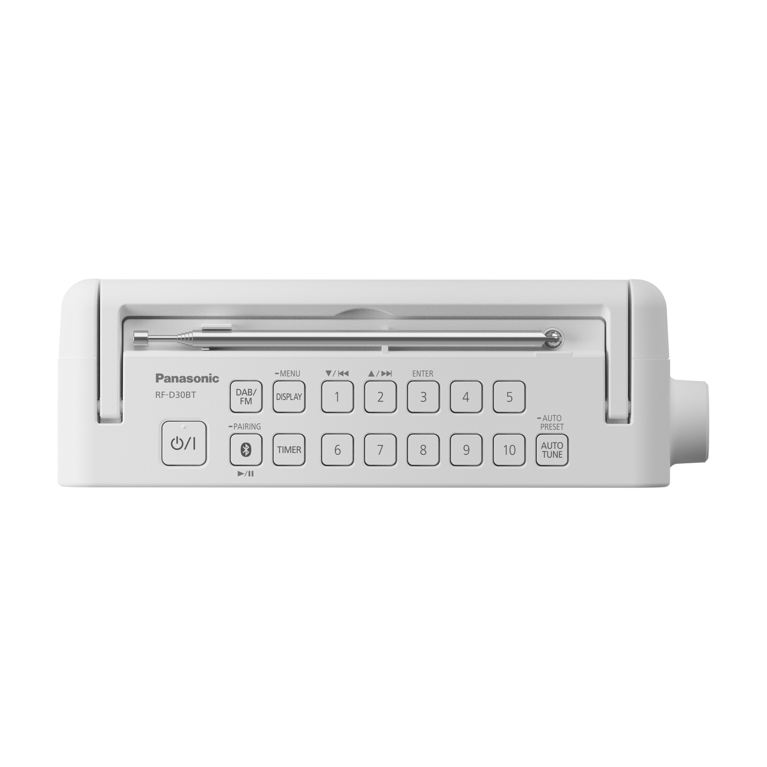 Una radio Panasonic bianca. Ha pulsanti per accensione, DAB/FM, display, numeri 1-10, timer e sintonizzazione automatica. Un'antenna è estesa.